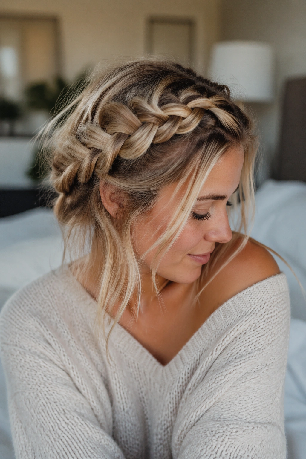 Close-up of a real woman with a messy, second-day French braid.