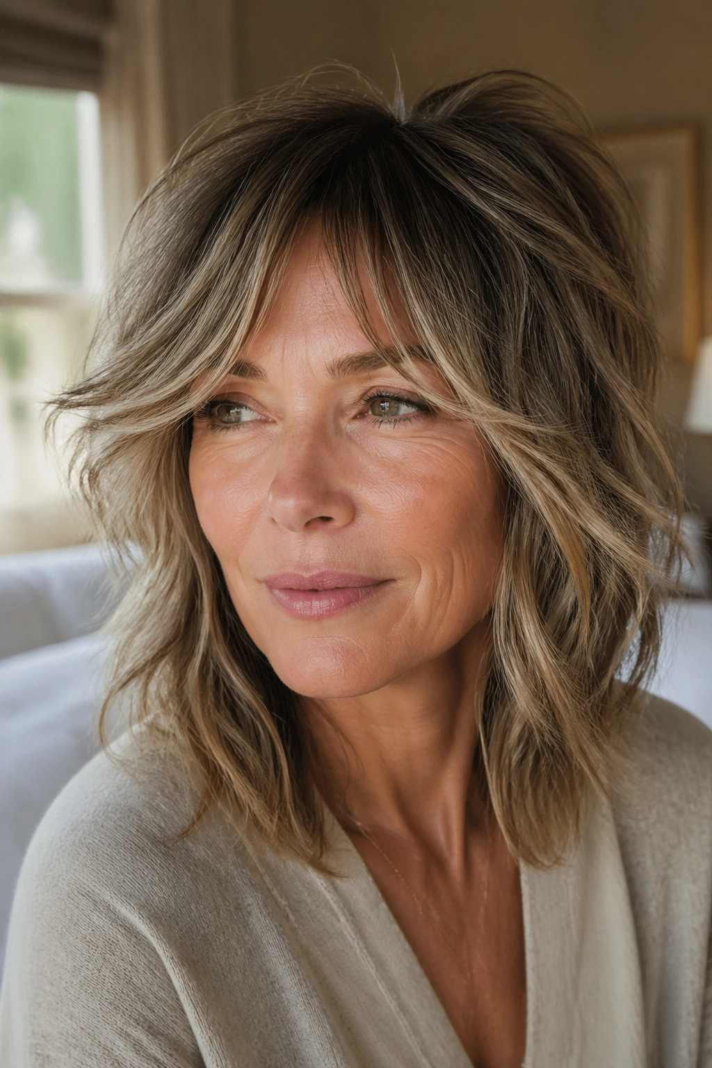 Close-up portrait of a woman with messy shag and curtain bangs in warm natural light