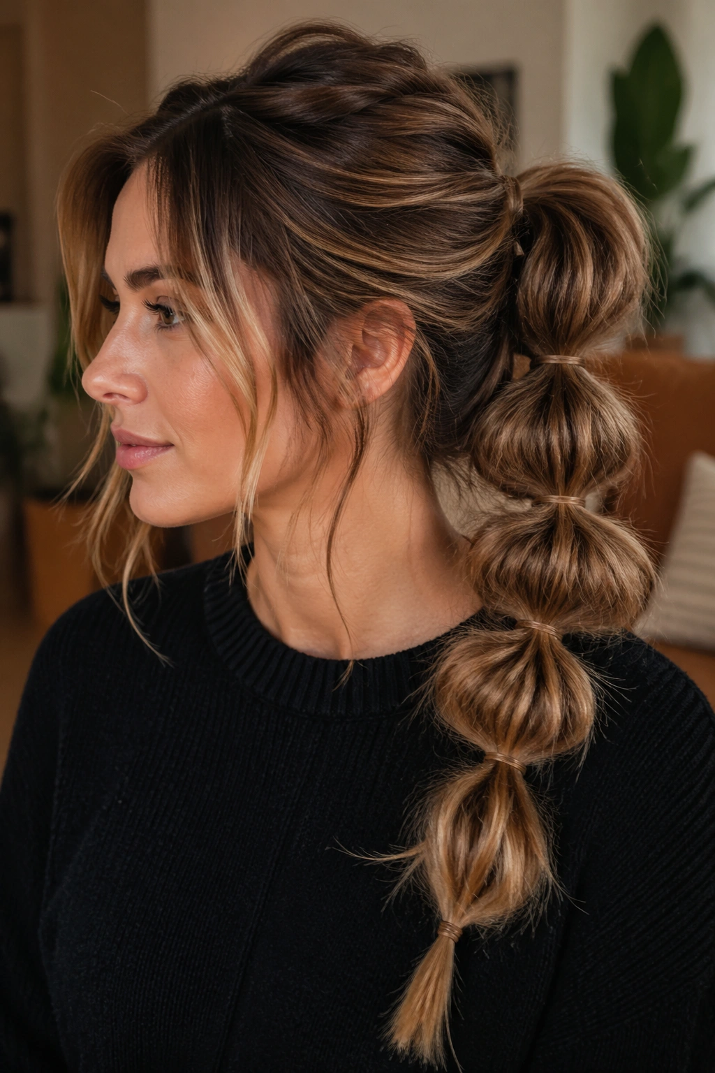 Close-up of a real woman with a messy textured bubble braid
