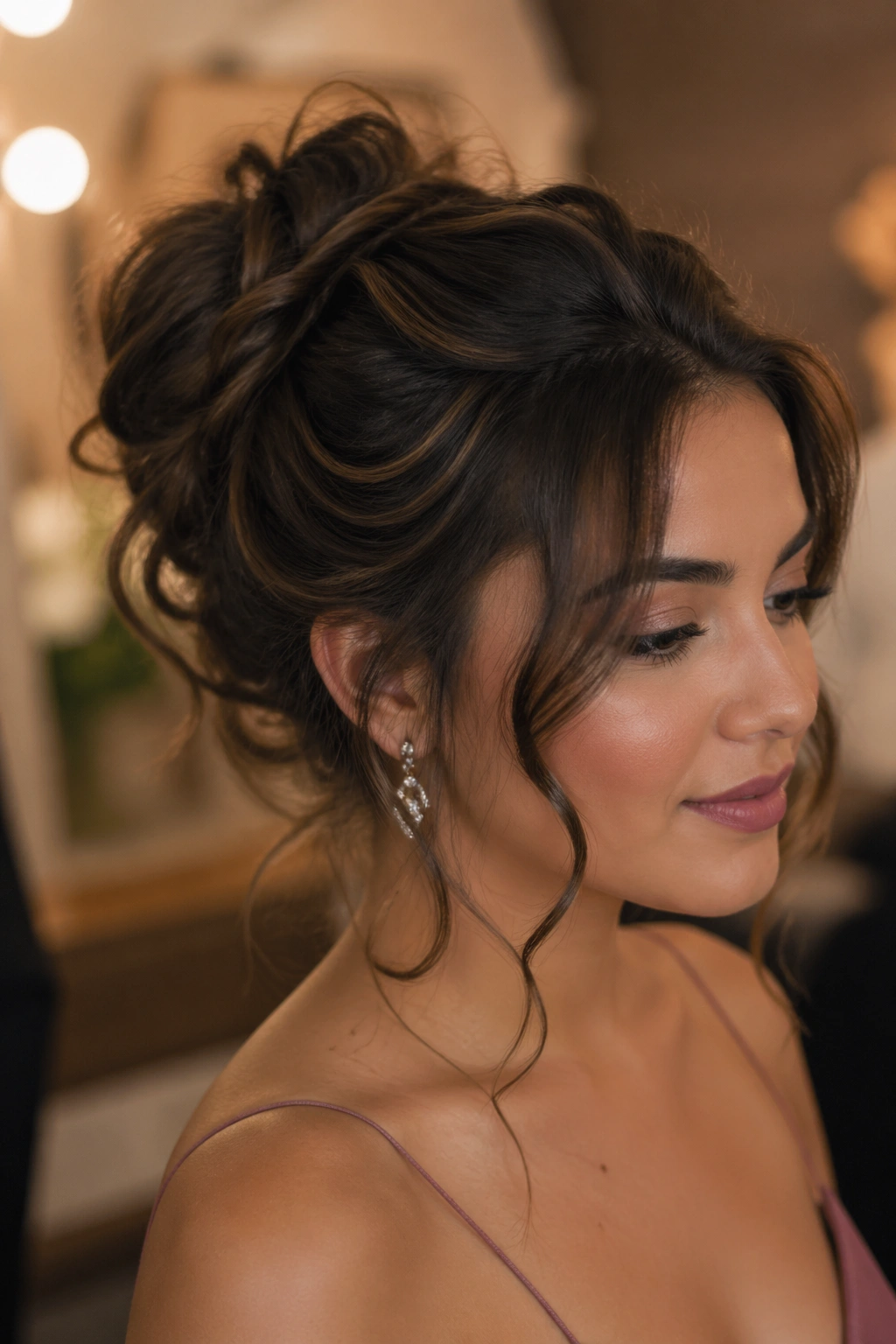 Close-up portrait of a real woman with a messy textured bun and tendrils framing the face, under warm lighting