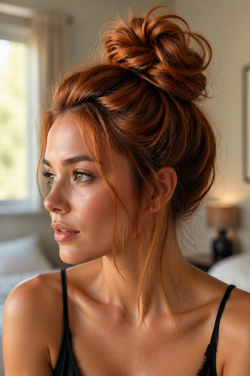 Close-up portrait of a real woman with a high messy top knot in cinnamon copper hair, warm window light