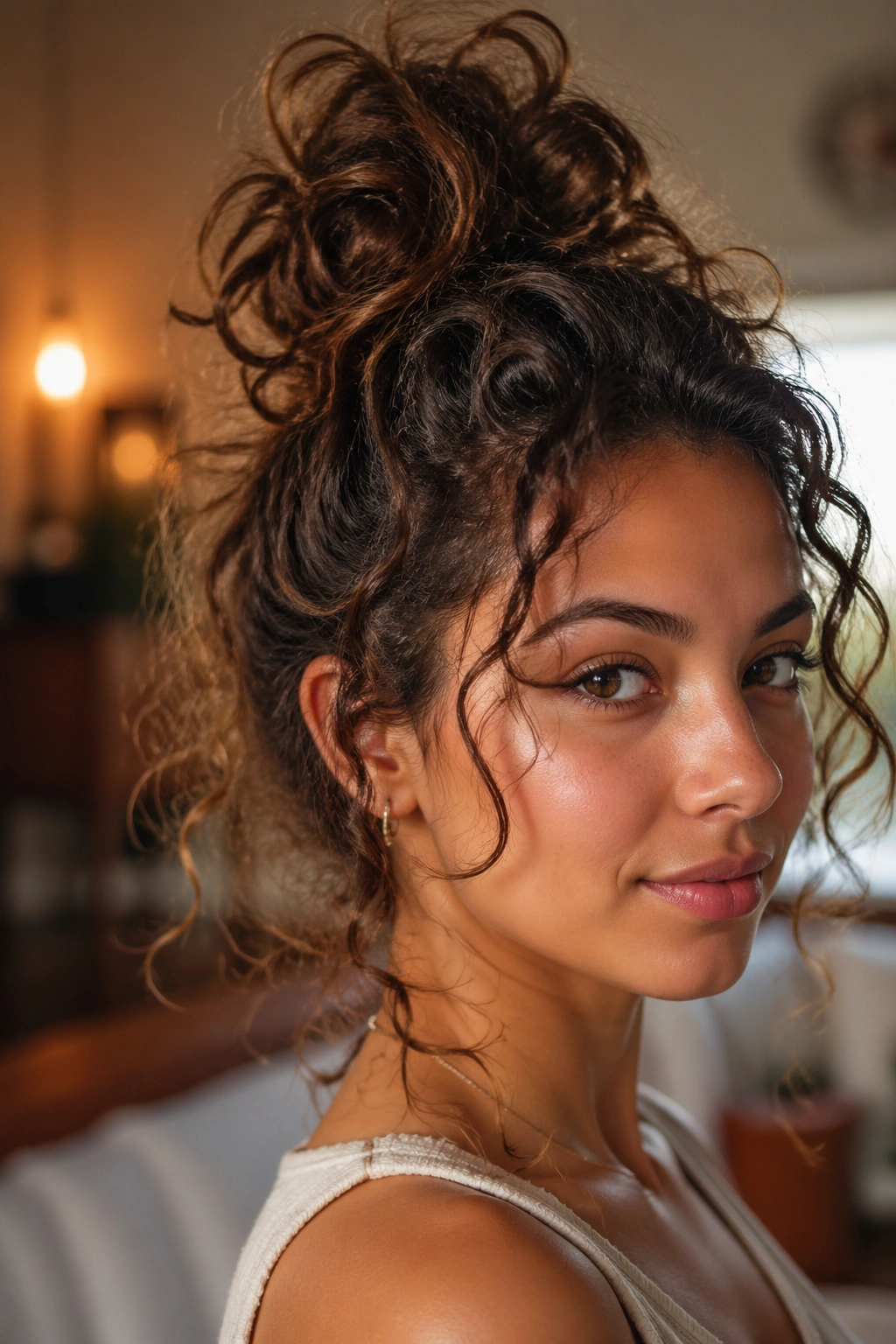 Close-up of a real woman with a messy top knot and curling hair spilling around the face