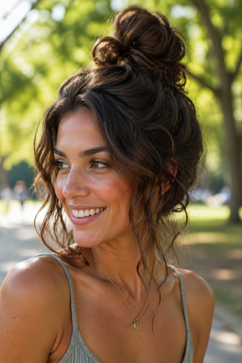 Close-up of a real woman with a messy top knot on wavy hair