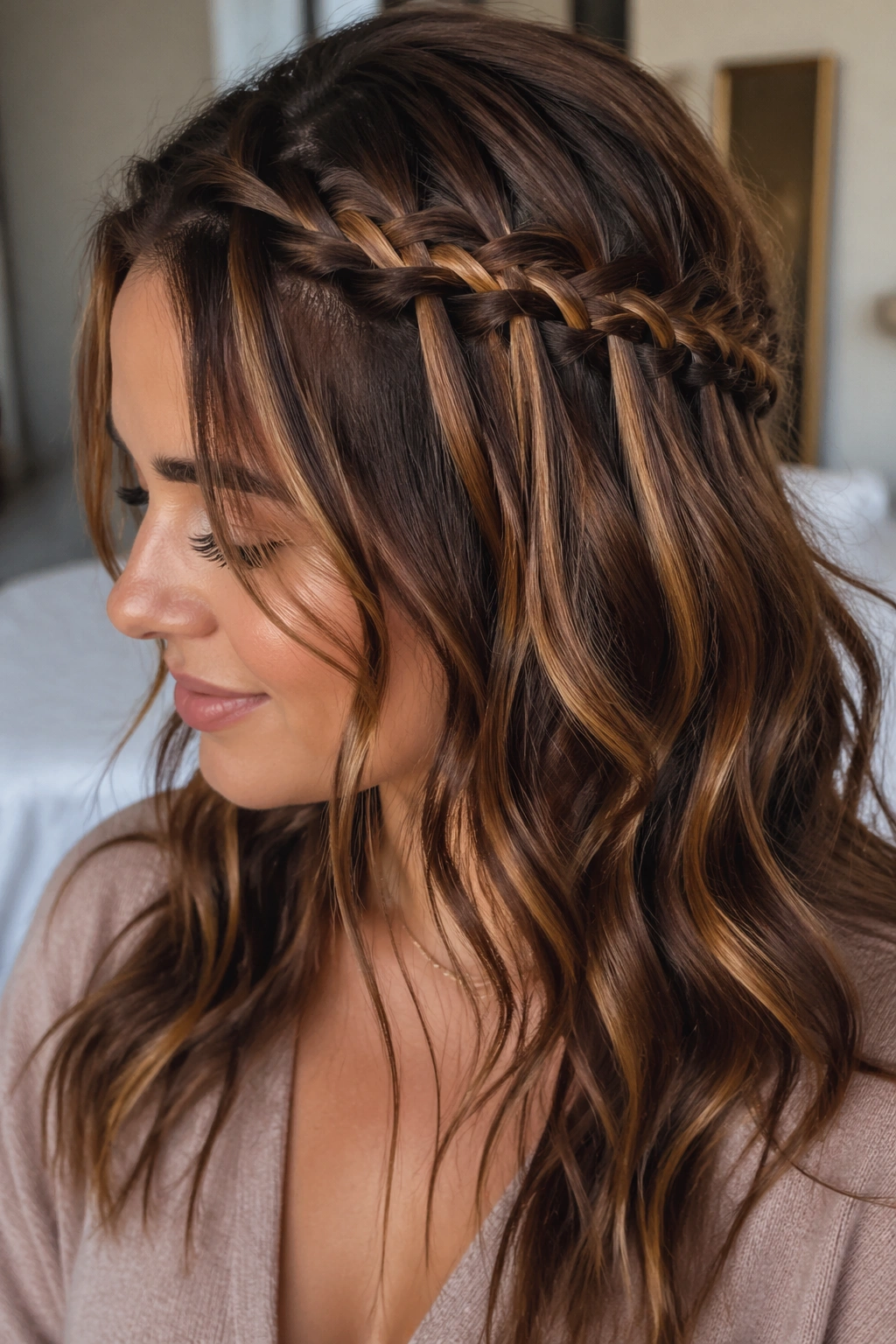 Close-up of a real woman with a messy waterfall braid and loose tendrils on warm brunette highlights