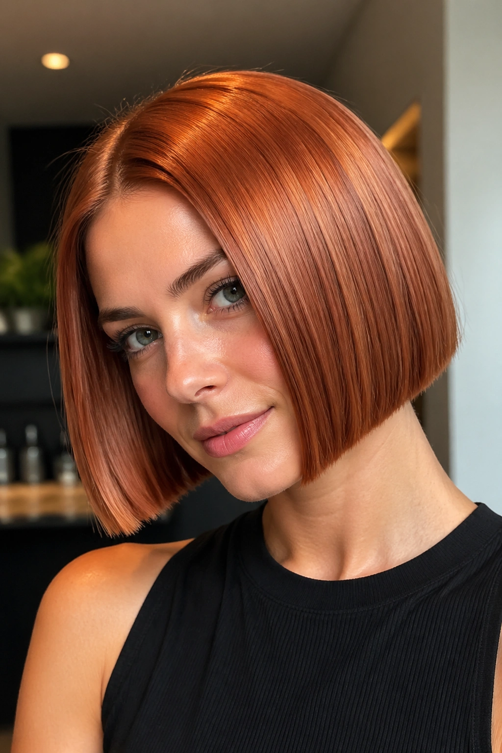 Portrait of a real woman with metallic copper bob and high shine