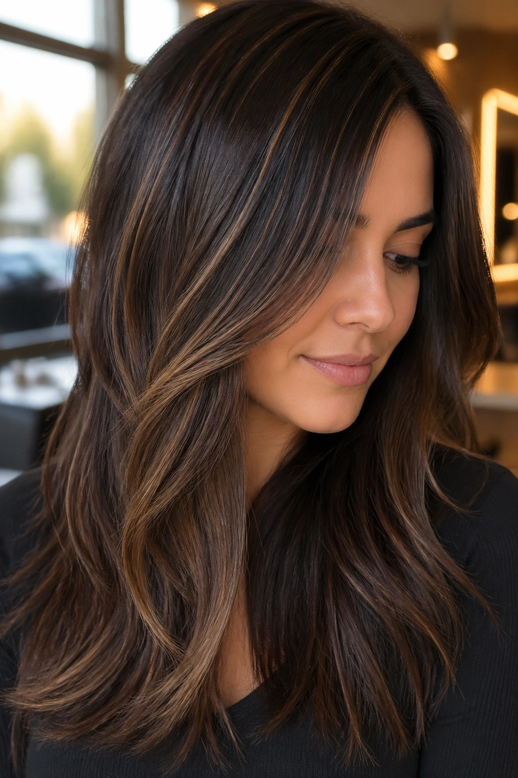 Close-up brunette with micro-balayage subtle dimension and ultra-fine caramel highlights