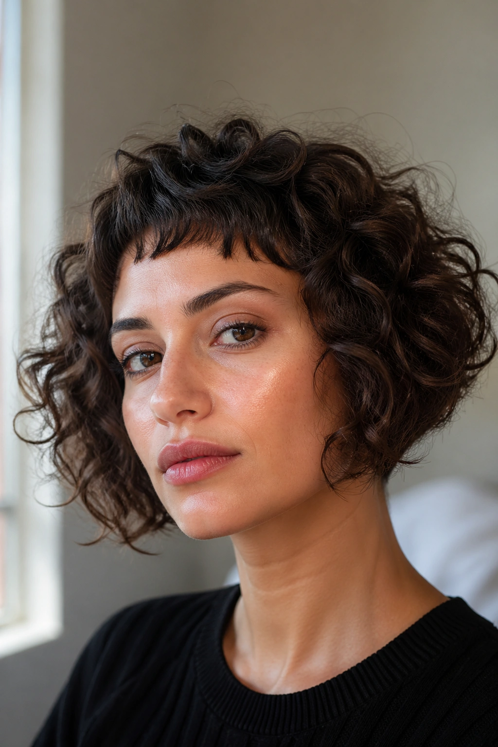 Portrait of a real woman with micro bangs and a curly inverted bob.