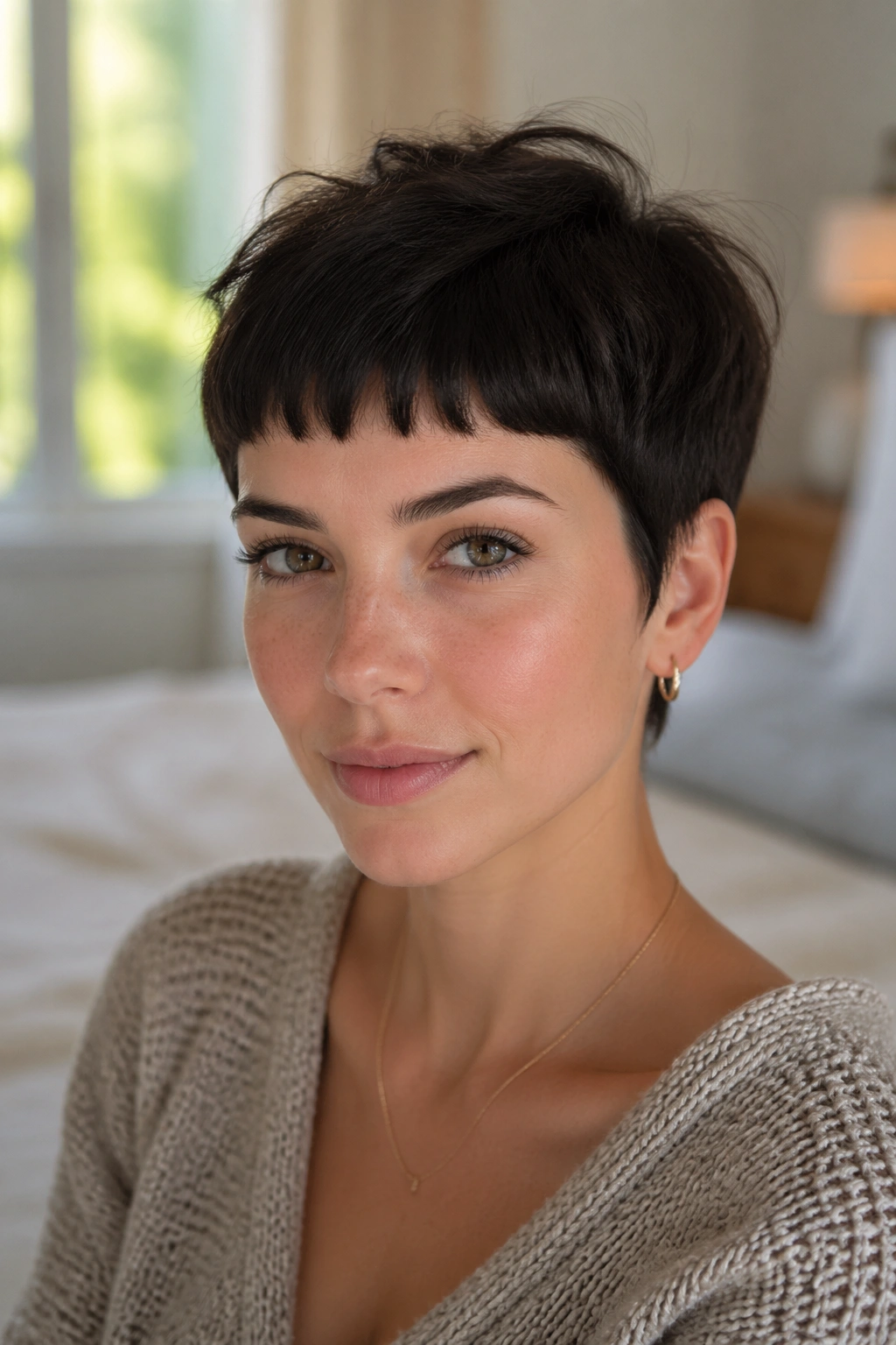 Close-up portrait of a real woman with Micro Bang Pixie hairstyle and soft fringe.