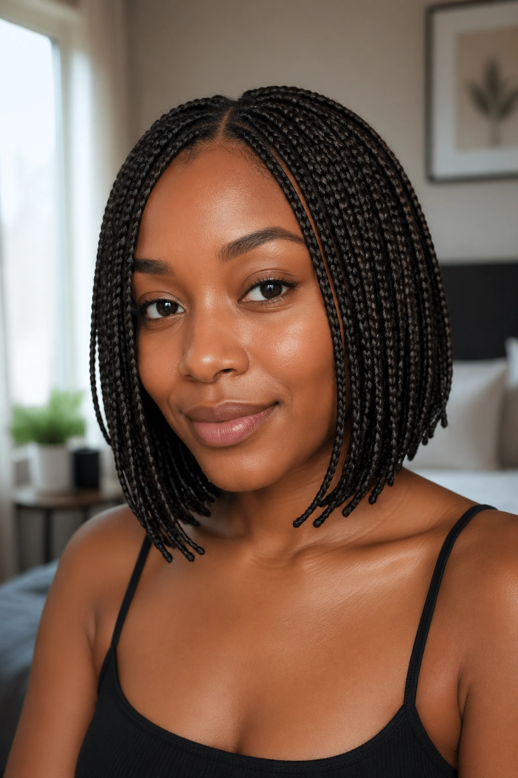 Close-up portrait of a woman with micro bob-length box braids and neat parts.