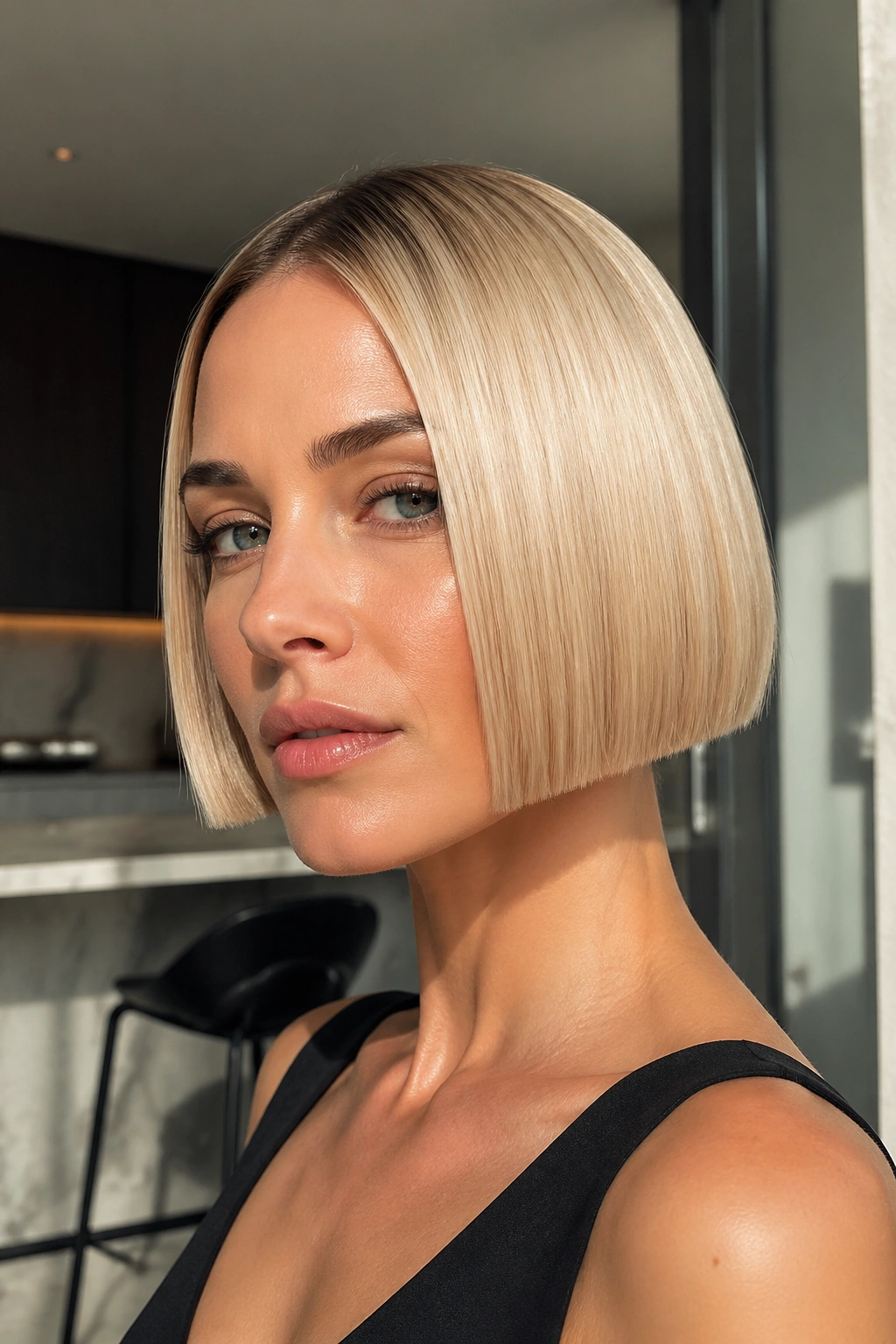 Real woman with a micro bob and glassy finish in warm light