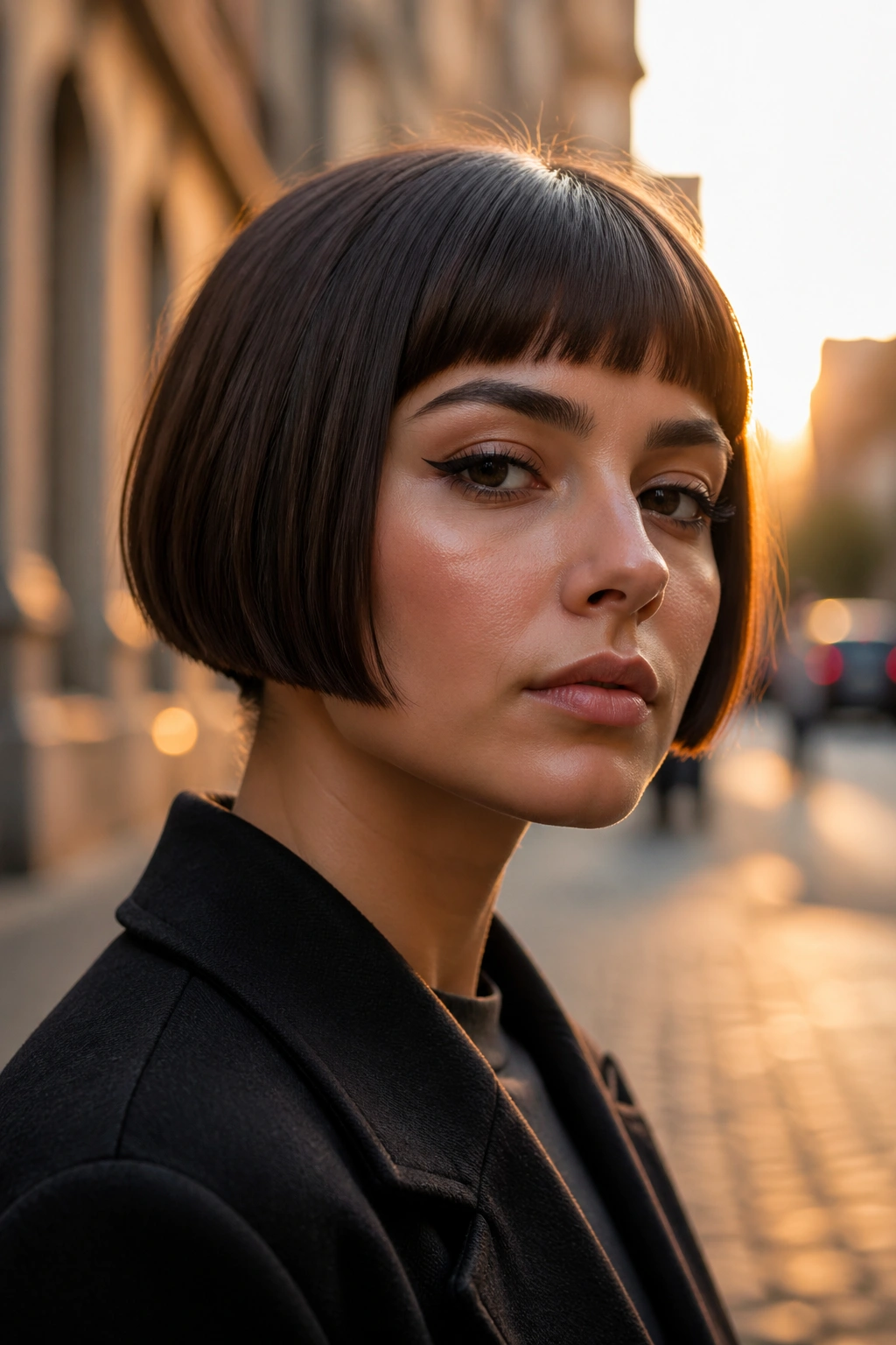 Close-up portrait of a real woman with a micro bob above the jawline.