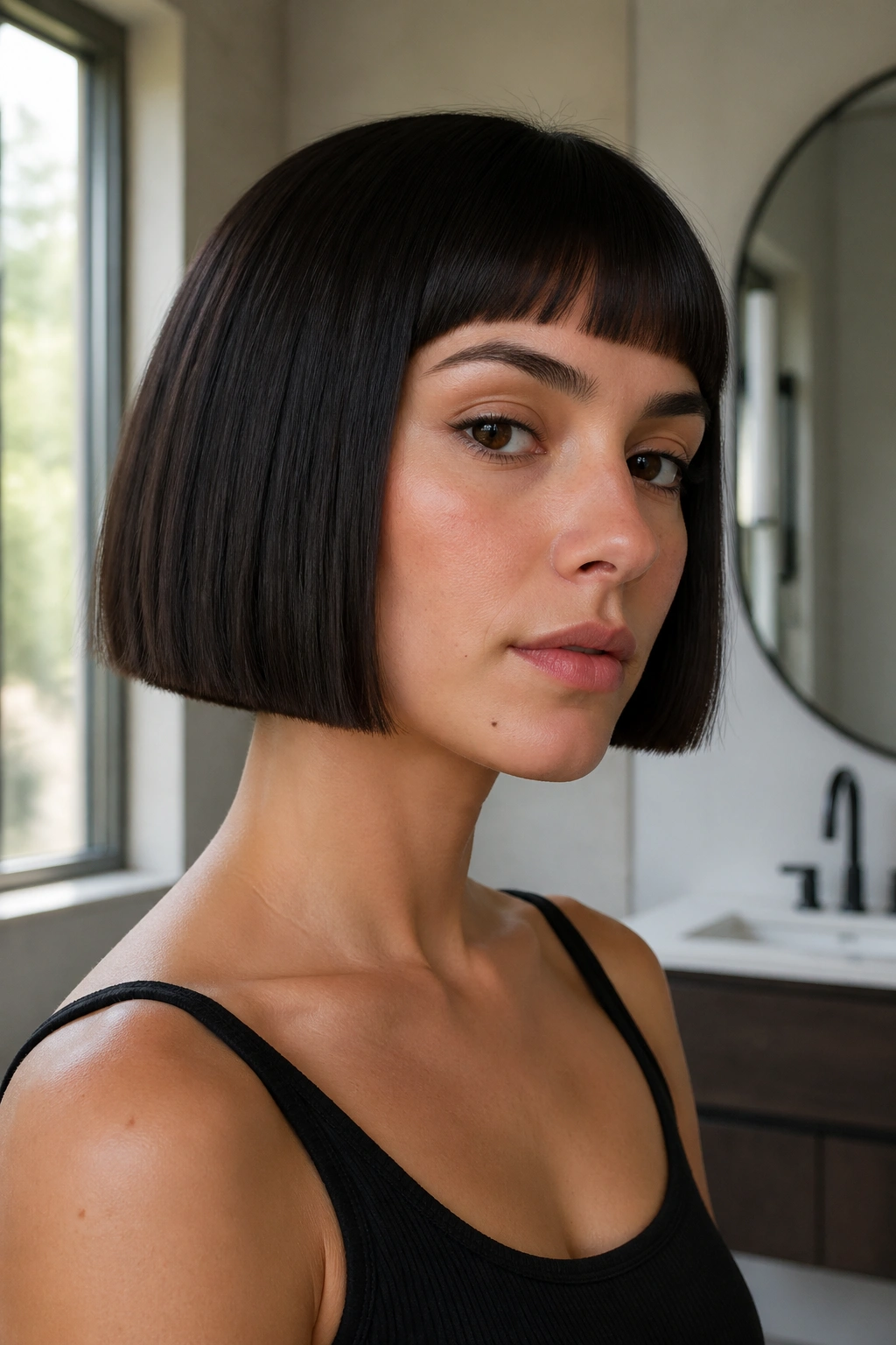 Close-up portrait of a real woman with a blunt micro bob on thick straight hair.
