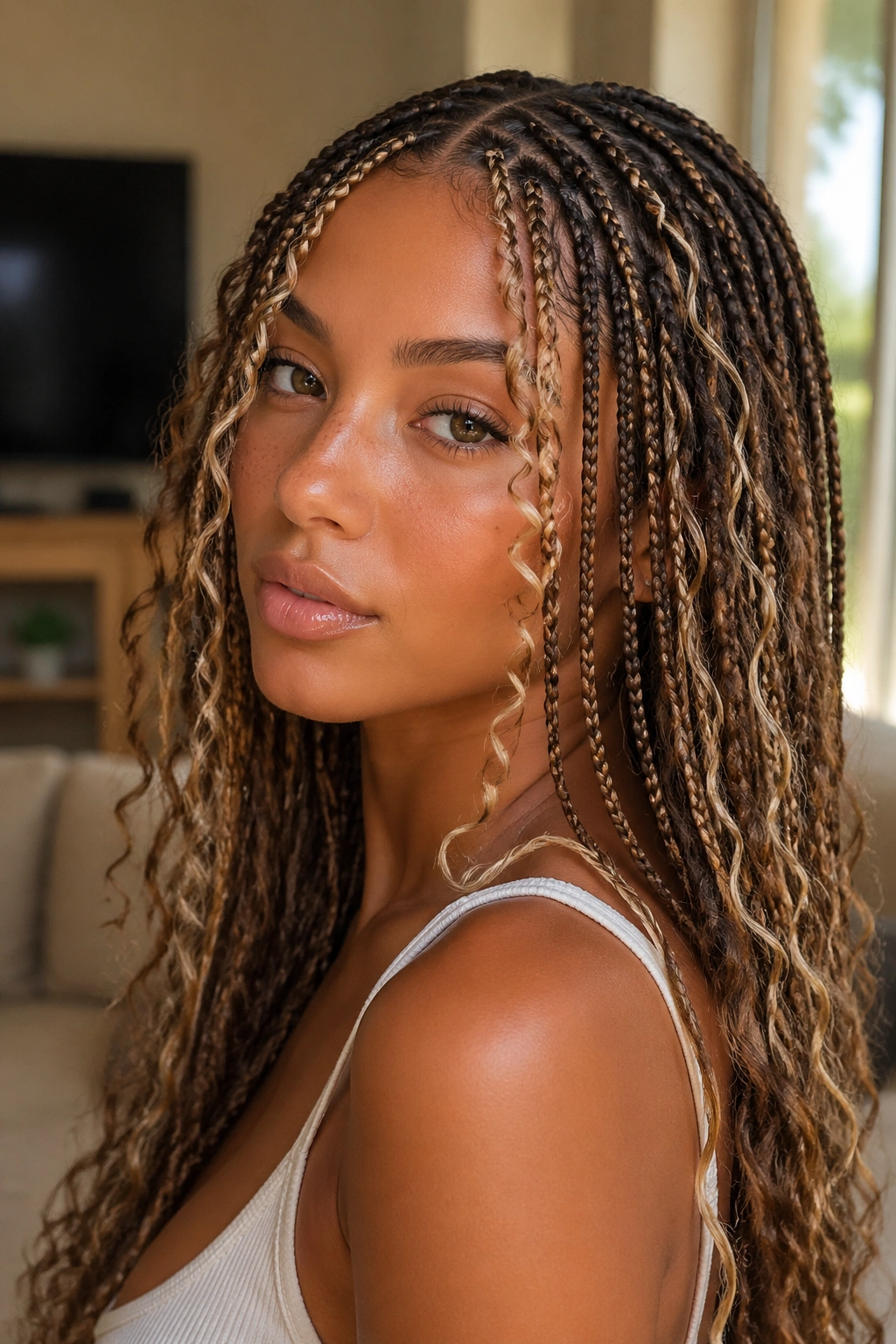 Close-up portrait of a real woman with thin micro boho braids and curly strands, warm window light.