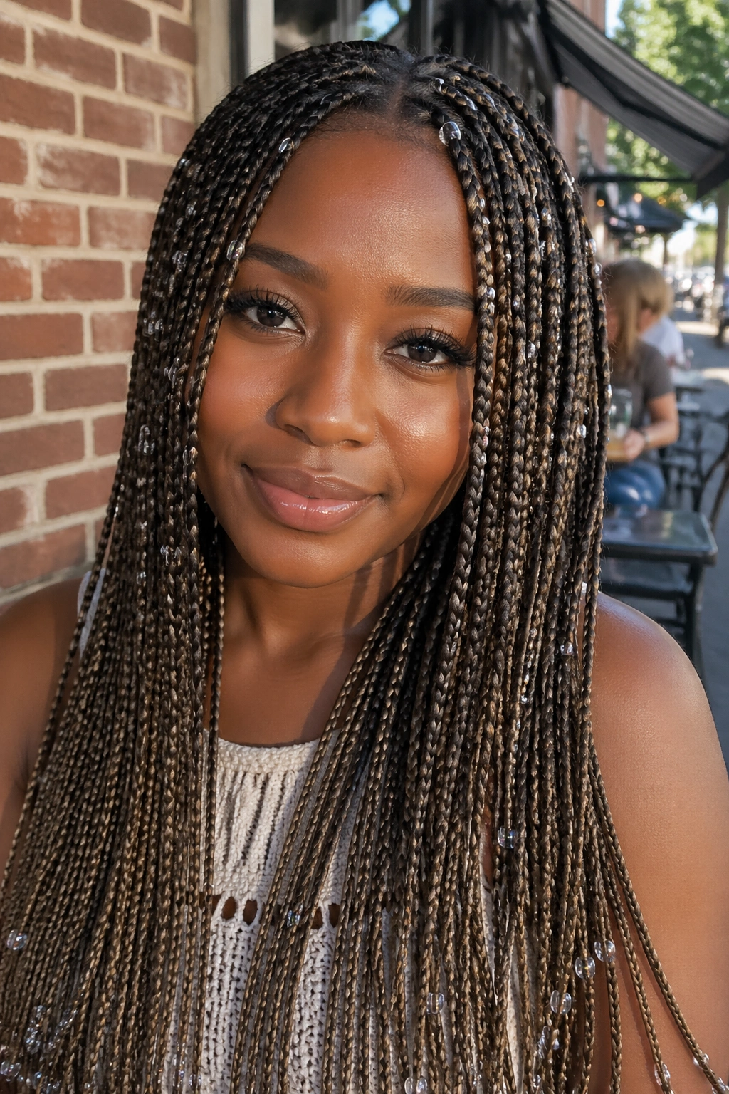 Close-up of micro box braids with glass beads on a real person in daylight