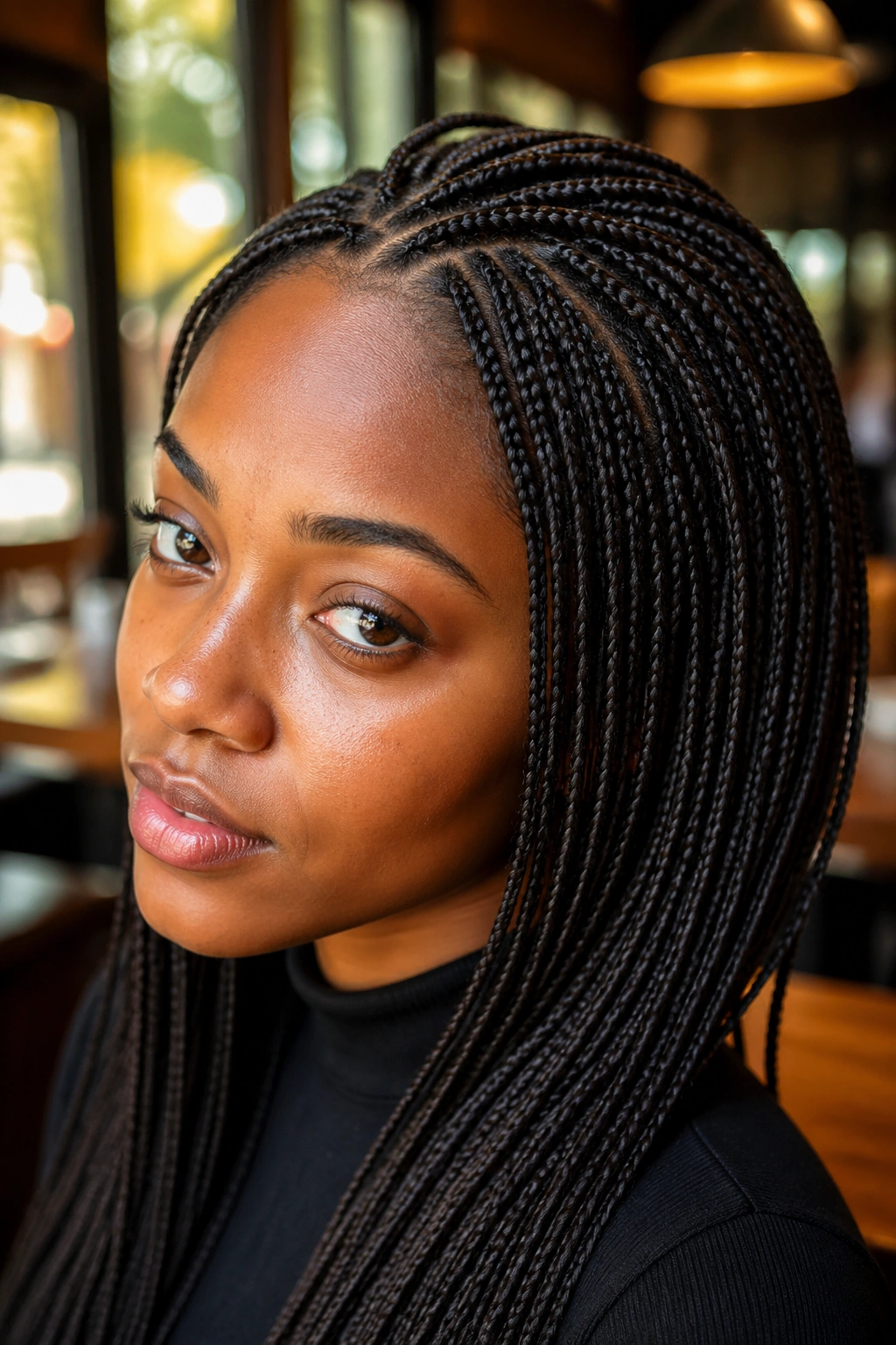 Close-up portrait of a real woman with micro box braids in a sunlit cafe