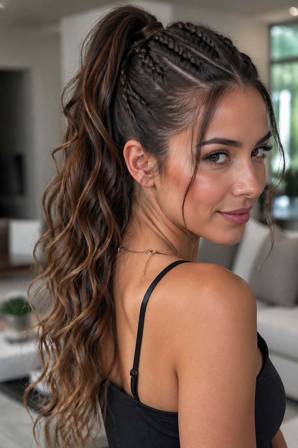 Close-up of a real woman with micro-braid accents into a loose-waved ponytail