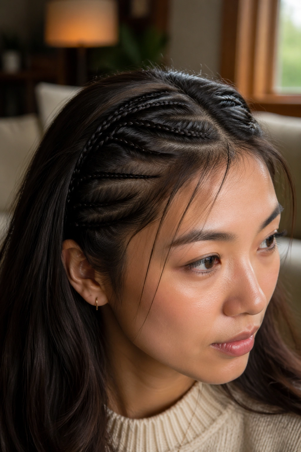 Close-up of a real person with Micro Braid Accents along the hairline