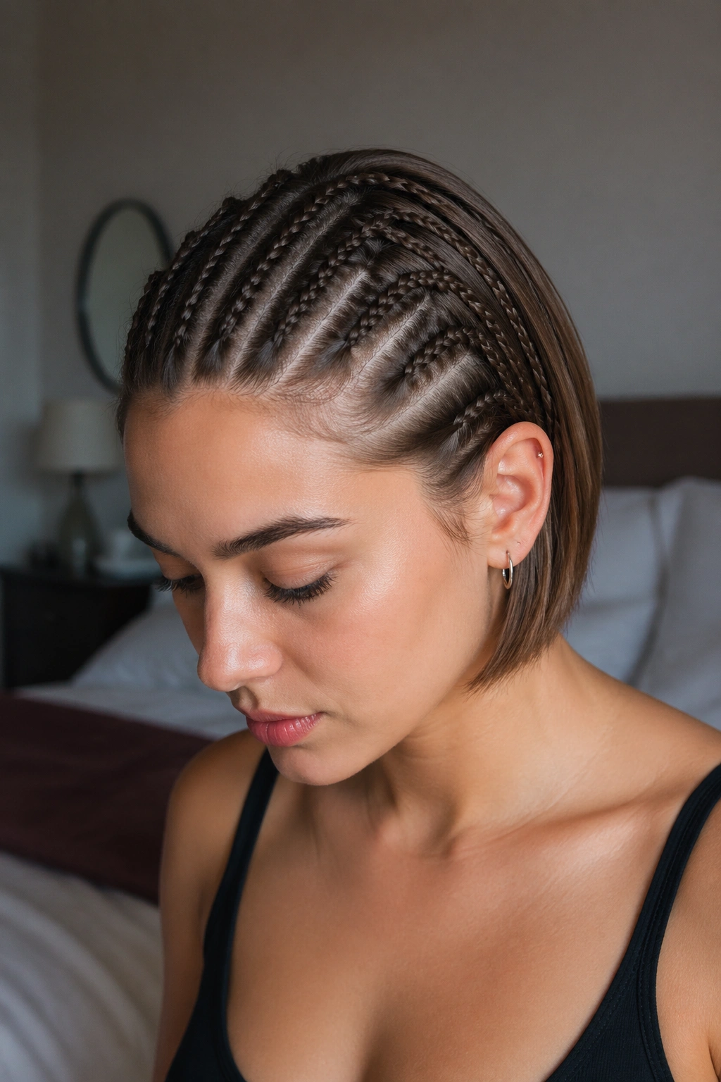 Close-up of a real woman with micro French braids on fine hair