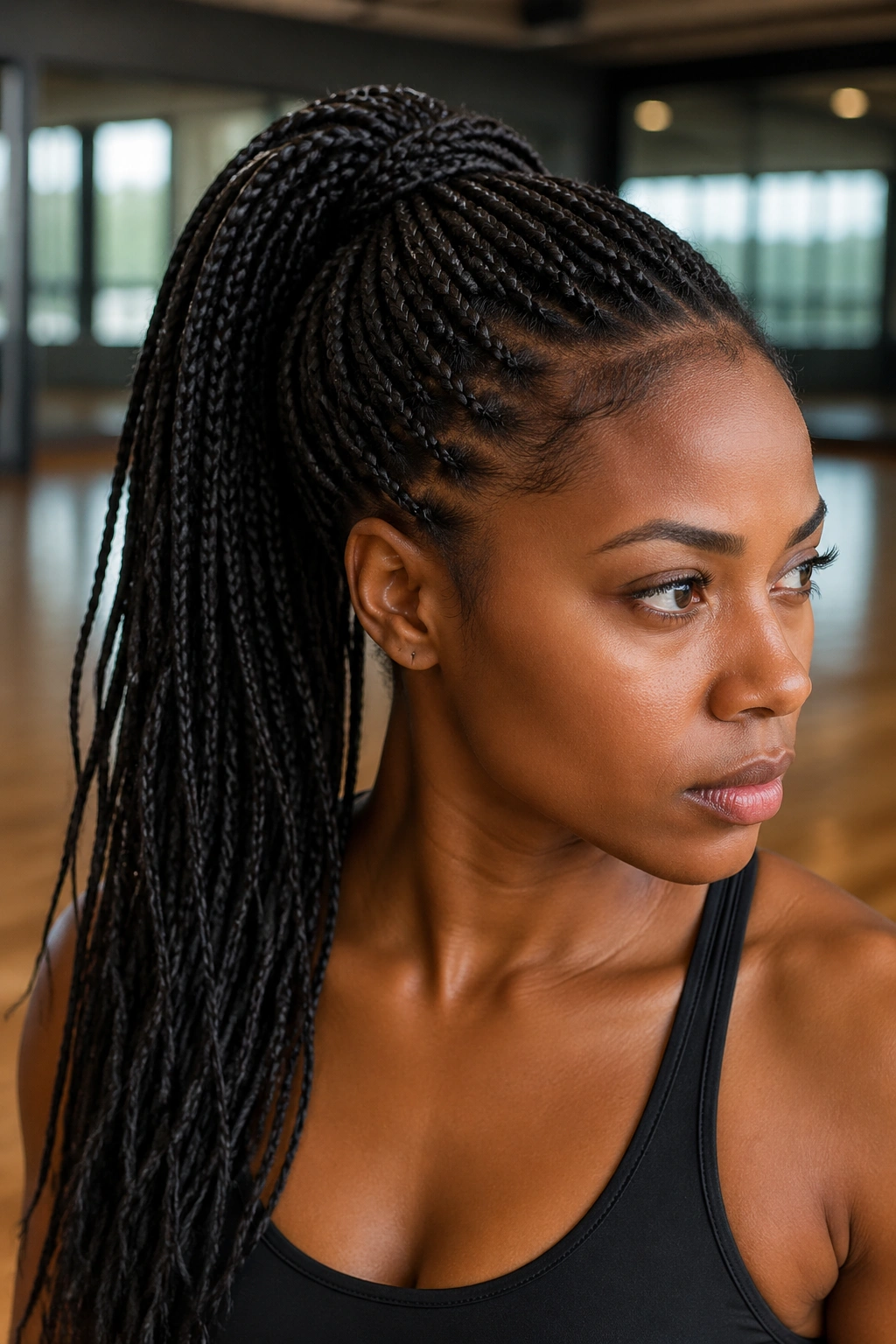 Close-up of a real woman with micro-braids gathered into a high ponytail