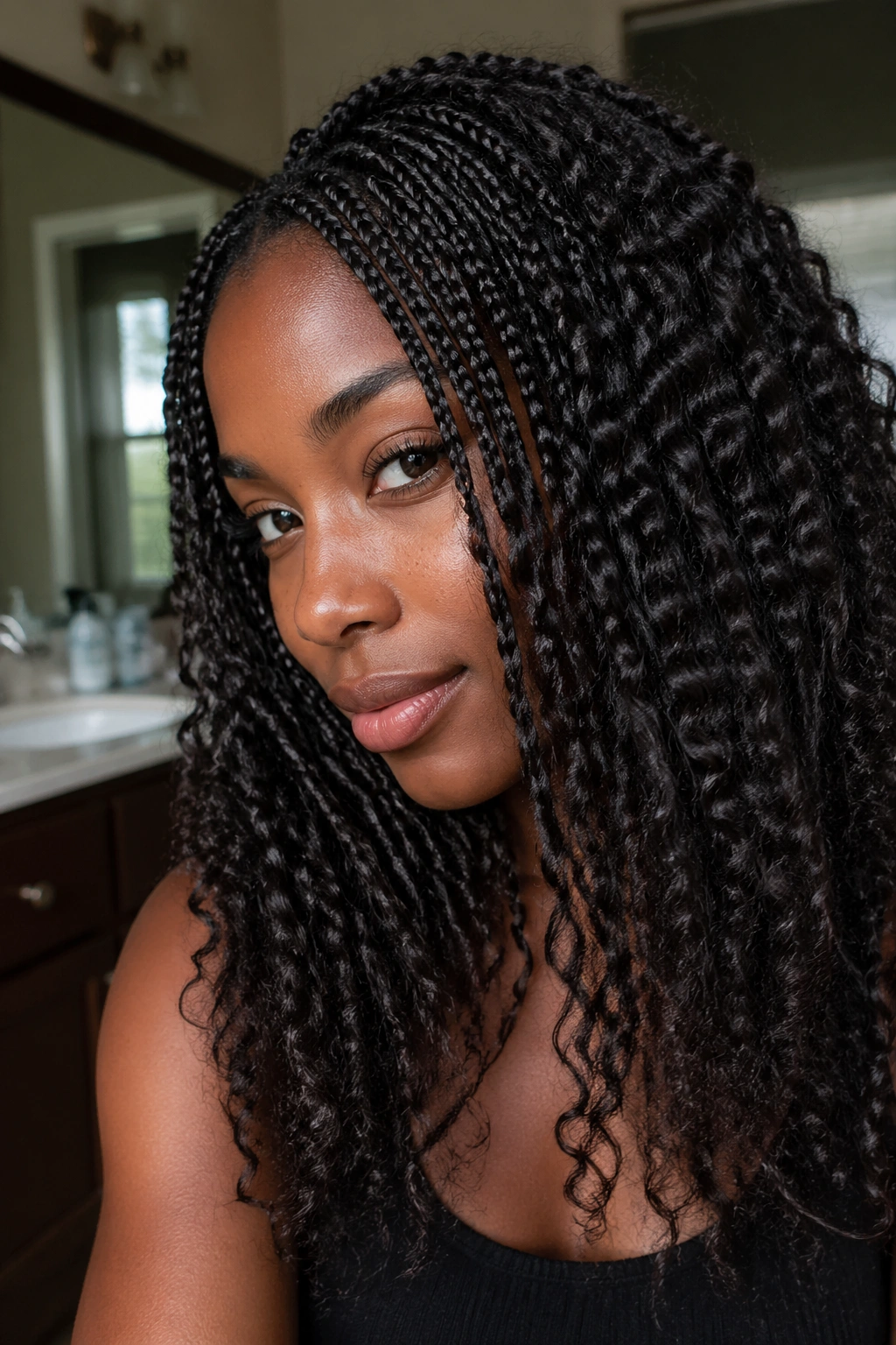 Close-up portrait of a real person with micro braids creating tight texture.