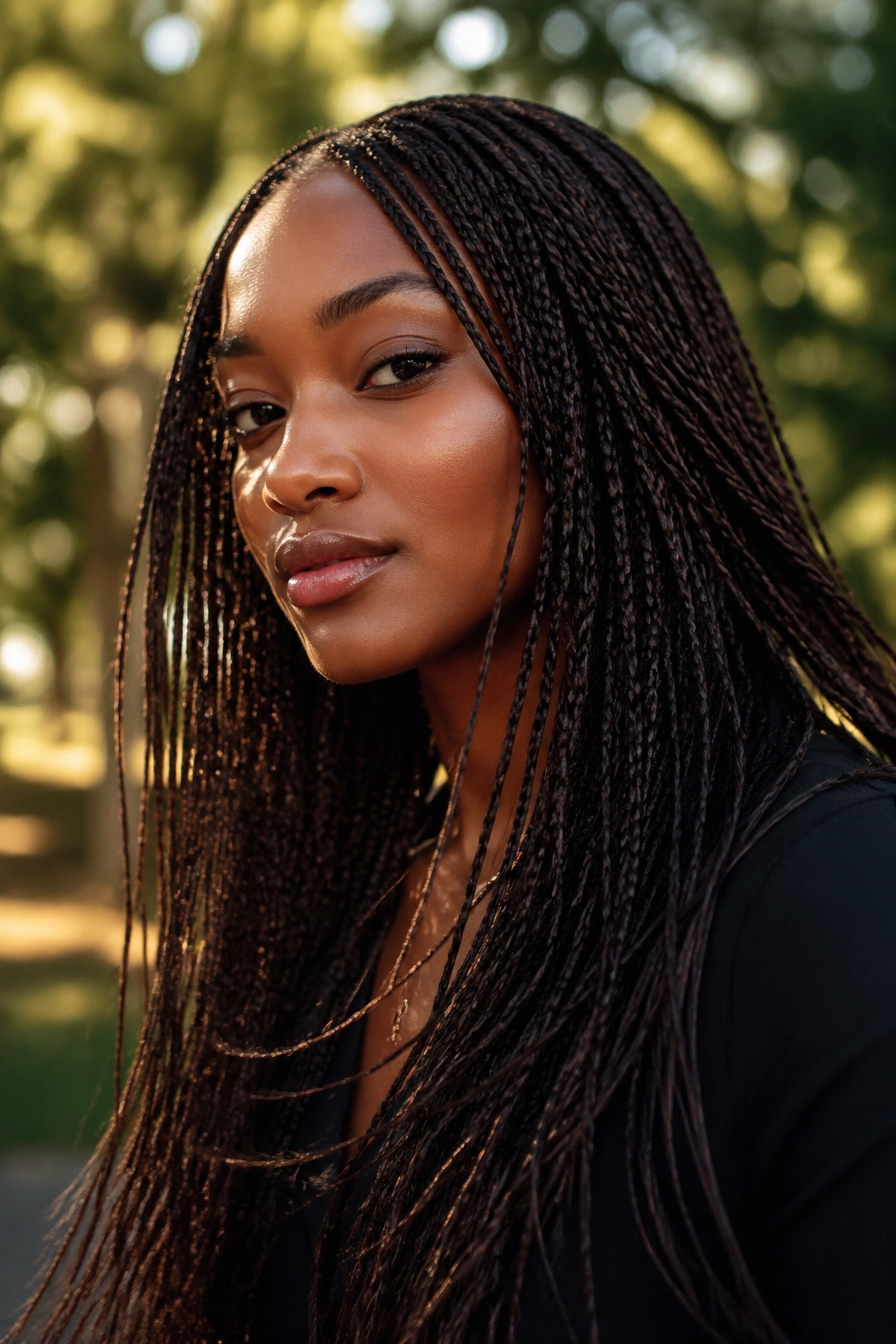 Close-up of a person with micro braids in natural light