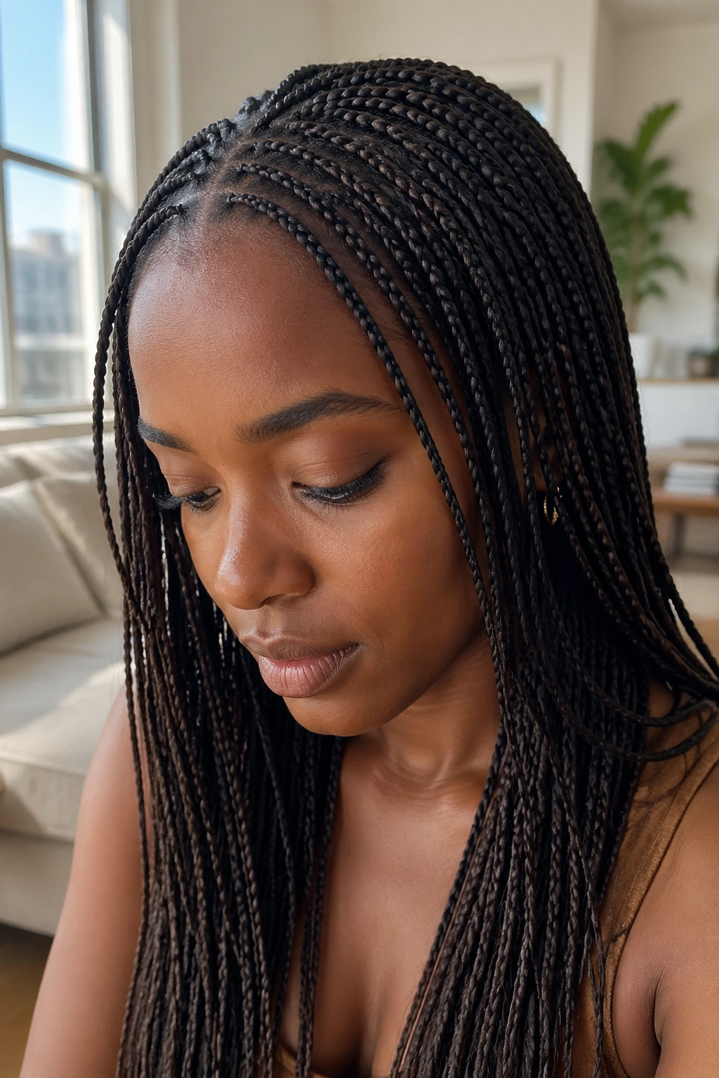 Close-up of a real woman with micro braids in a bright room