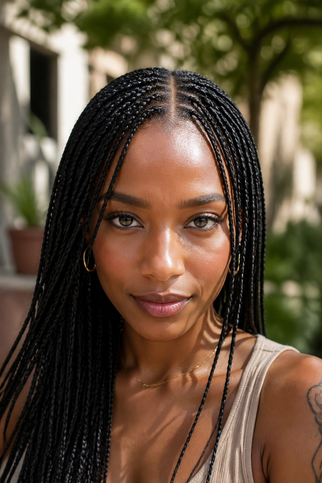 Close-up of a person with tiny micro braids all over the scalp