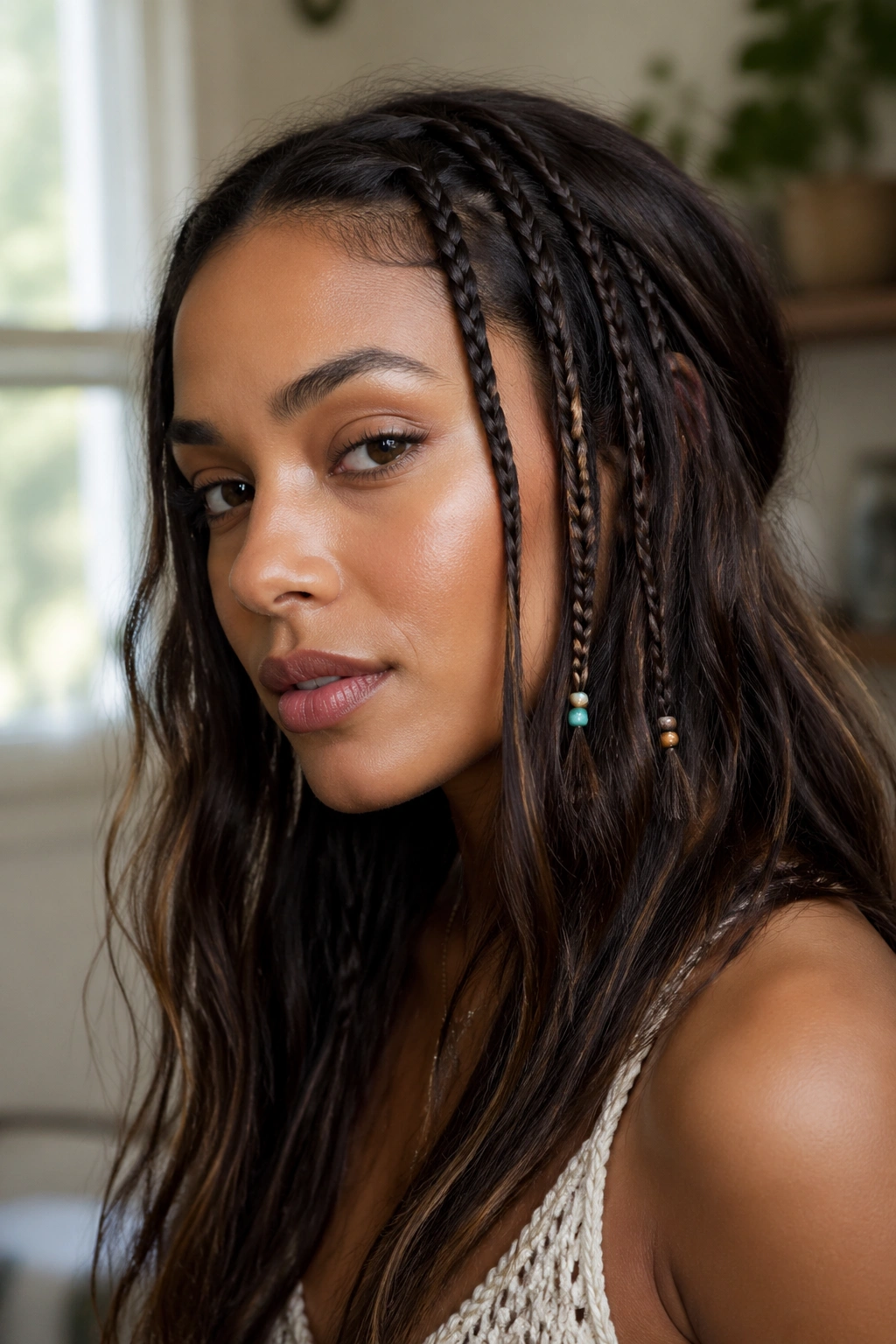 Close-up of a real woman with Accent Micro Braids Through Loose Hair and subtle beads