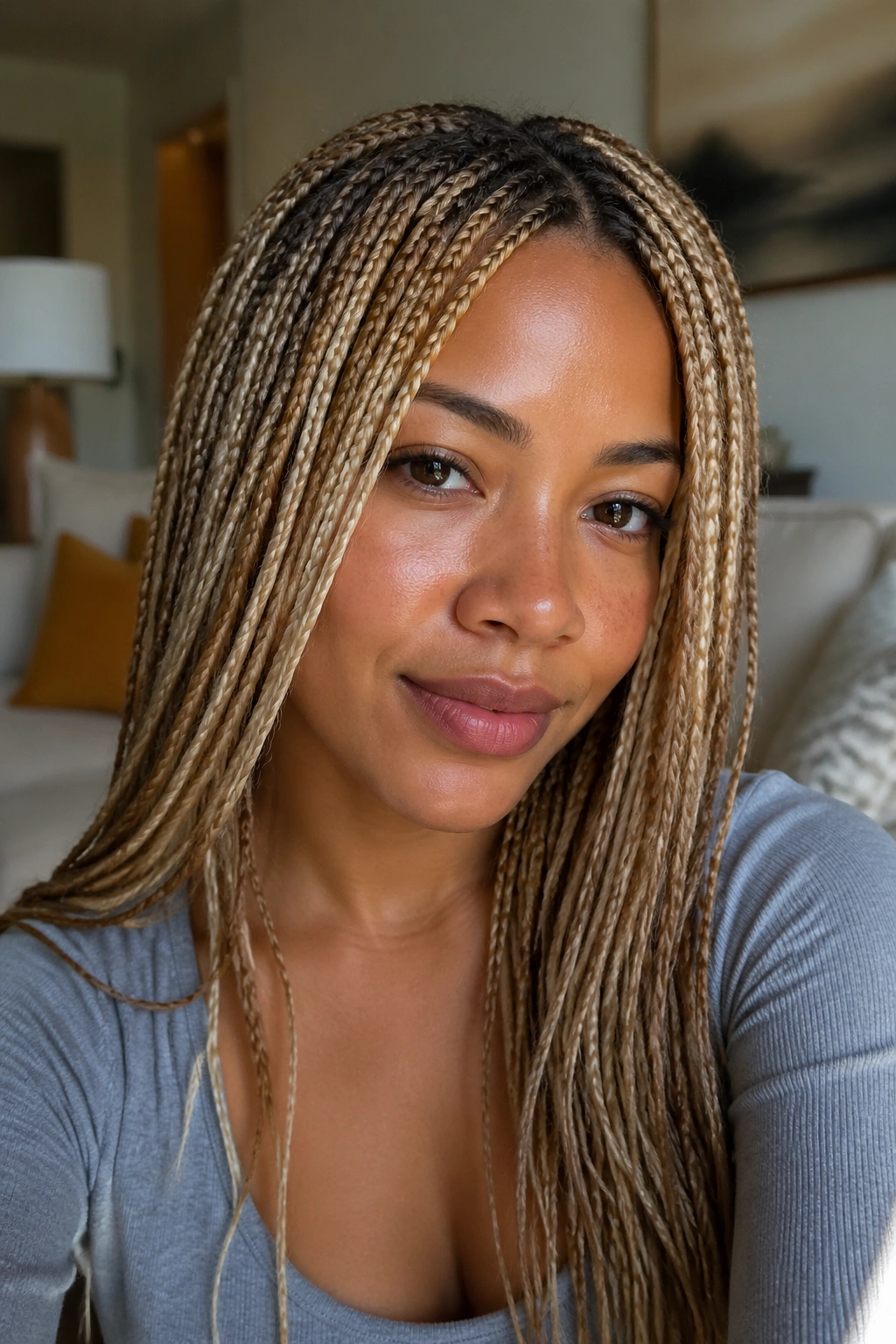 Real woman with beige blonde and honey blonde micro braids in a bright living room.