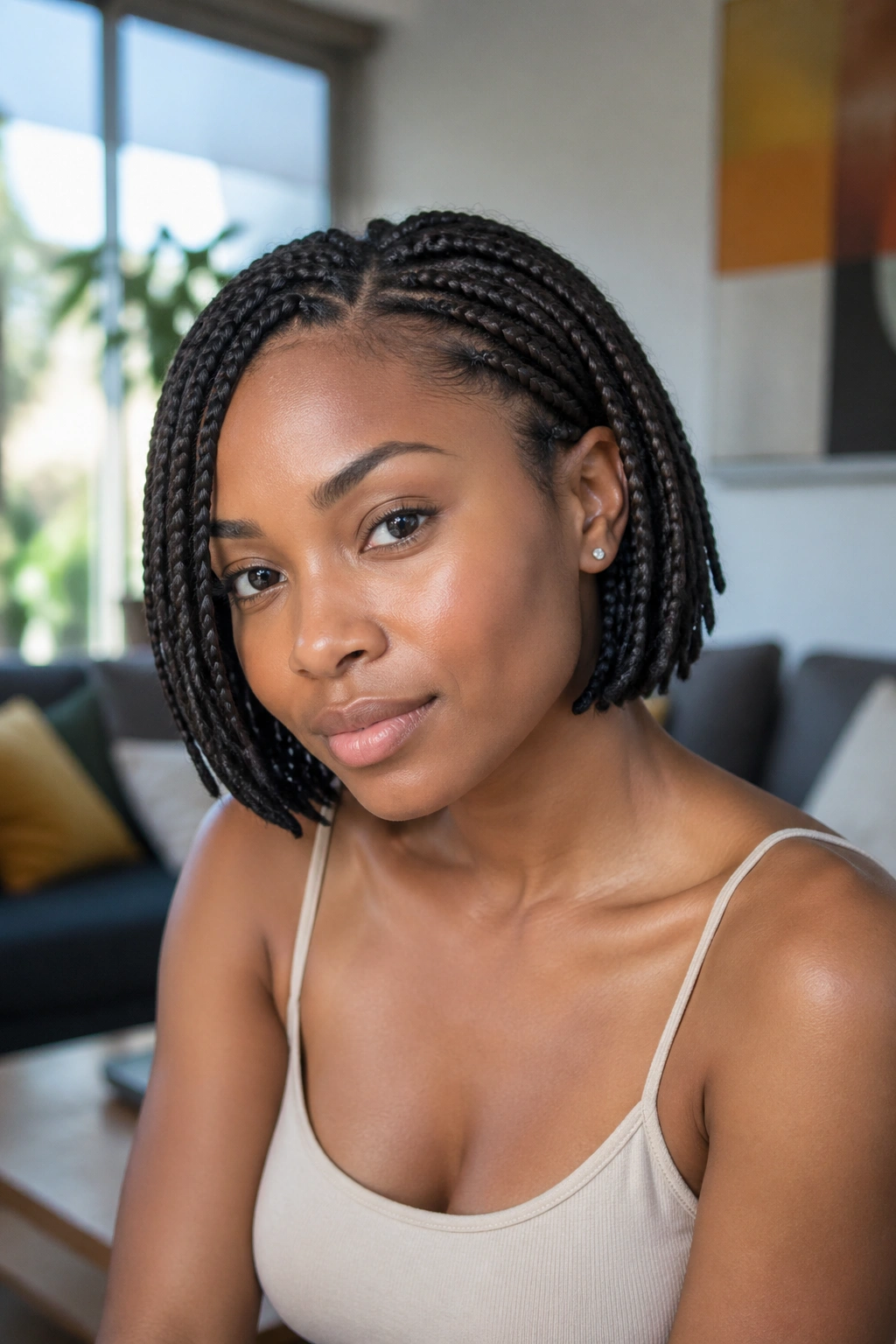 Close-up of a real woman with dense micro braids in a bob style