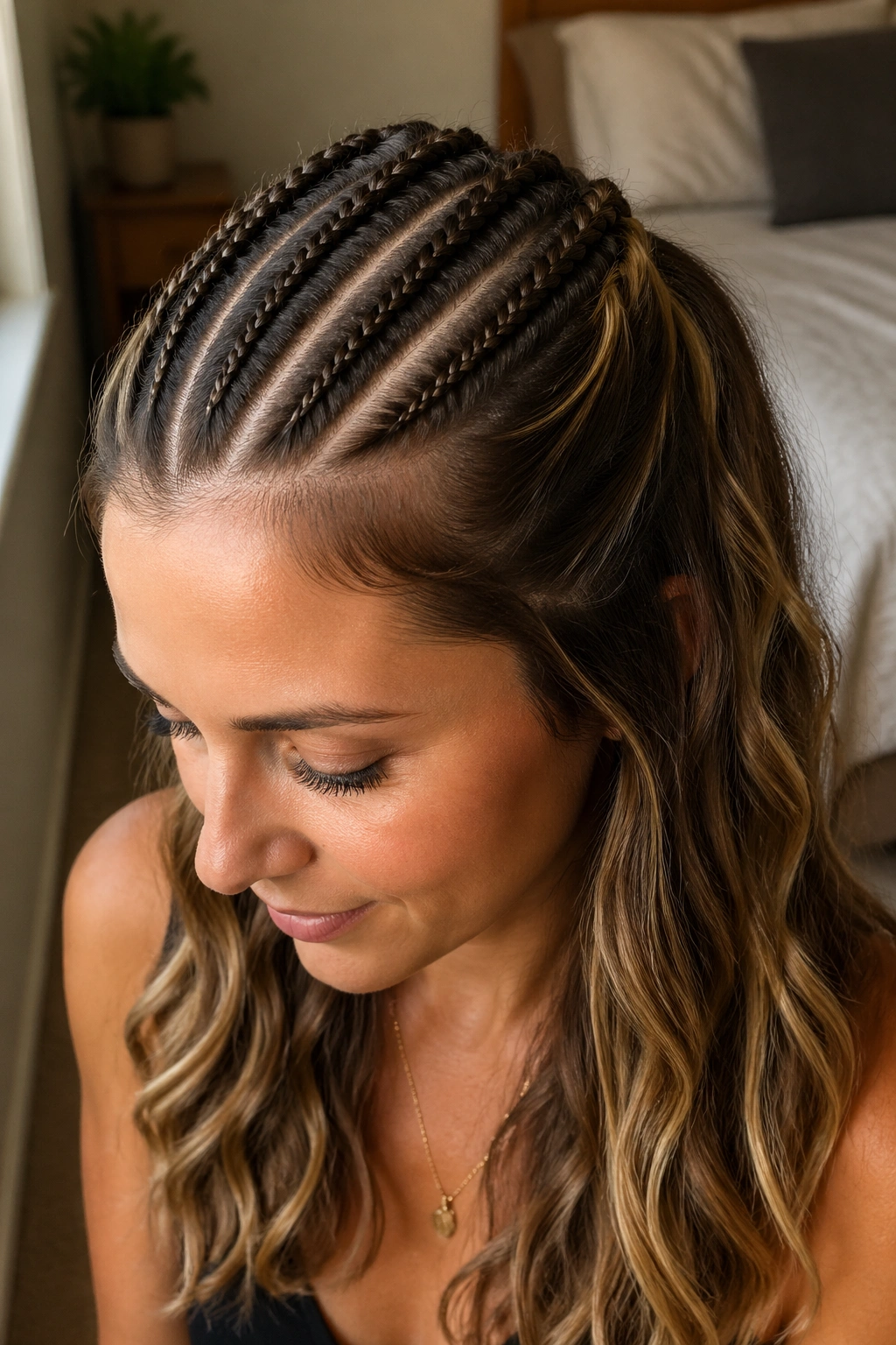 Close-up of a real woman with micro Dutch braids across the crown for lift and texture