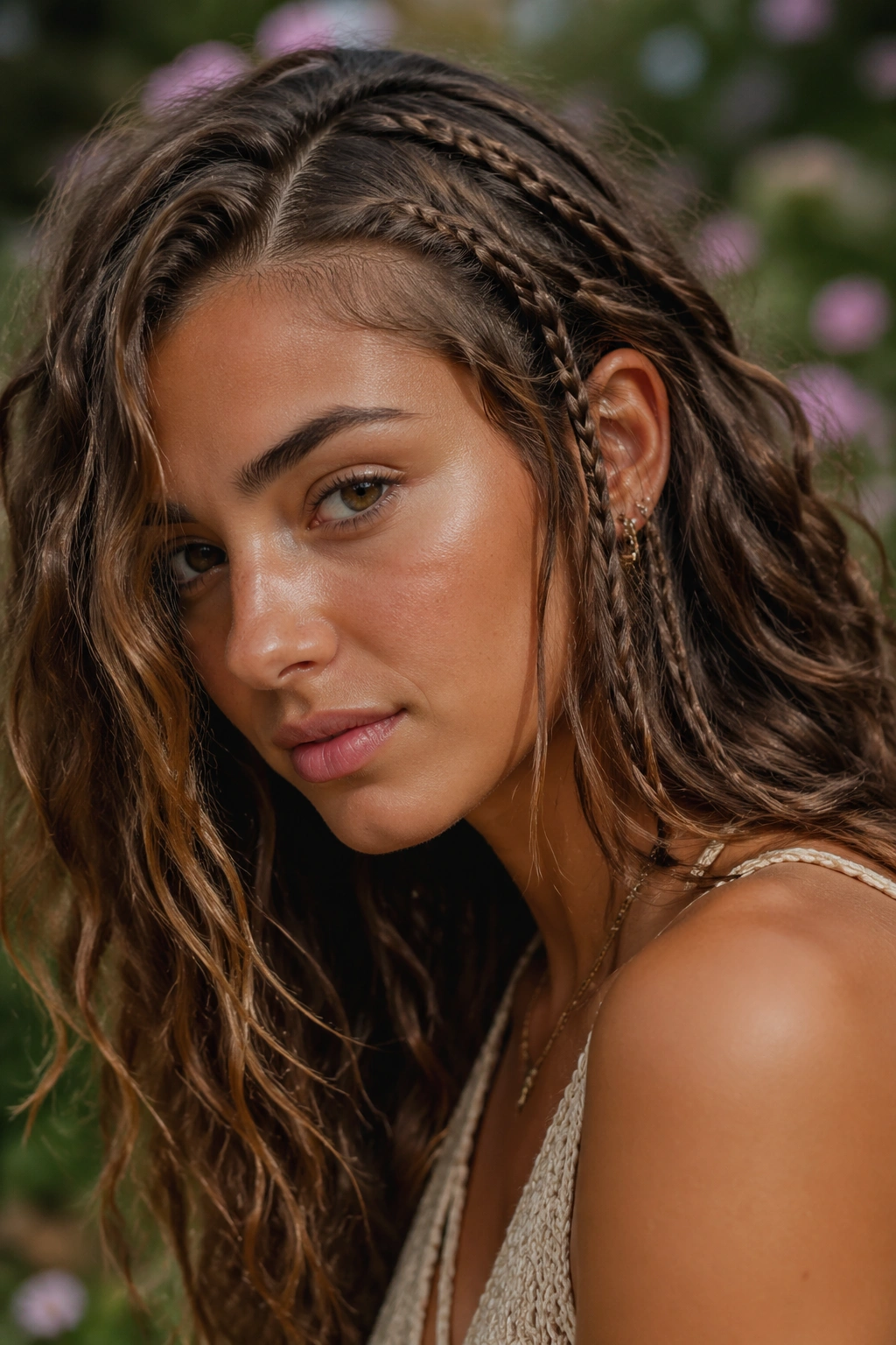 Close-up of a real woman's head showing tiny braids scattered through loose curls outdoors
