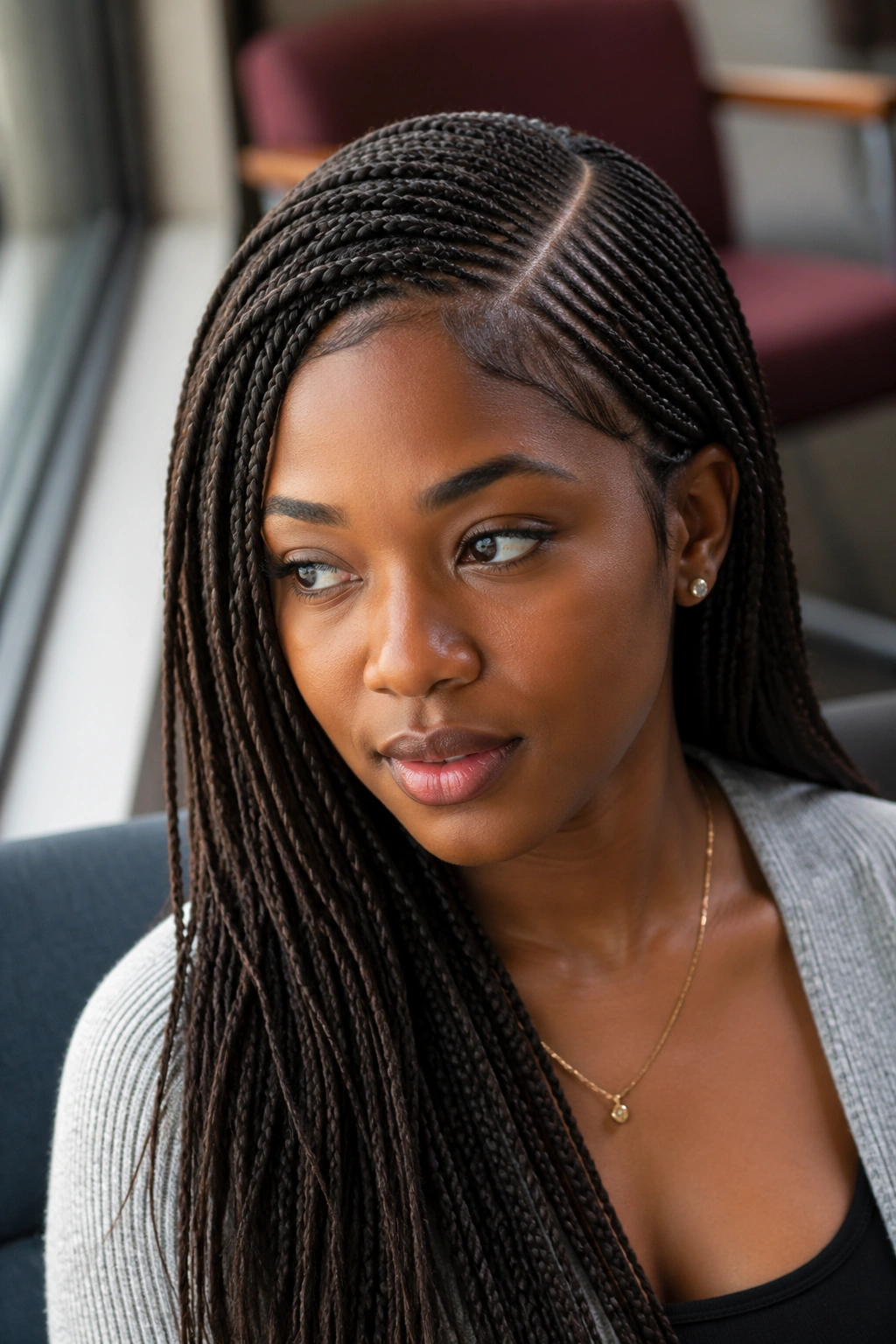 Micro braids with deep side part, sleek under graduation cap