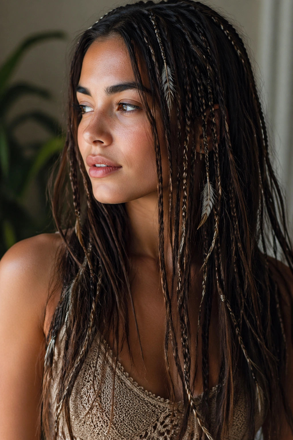 Close-up of a real person with many tiny feather braids and subtle feather accents