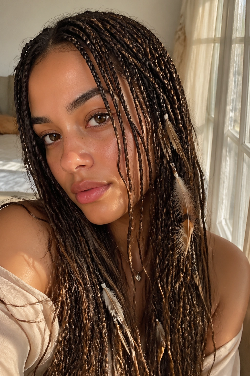 Close-up of real woman with micro braids and feathers in sunlit bedroom.