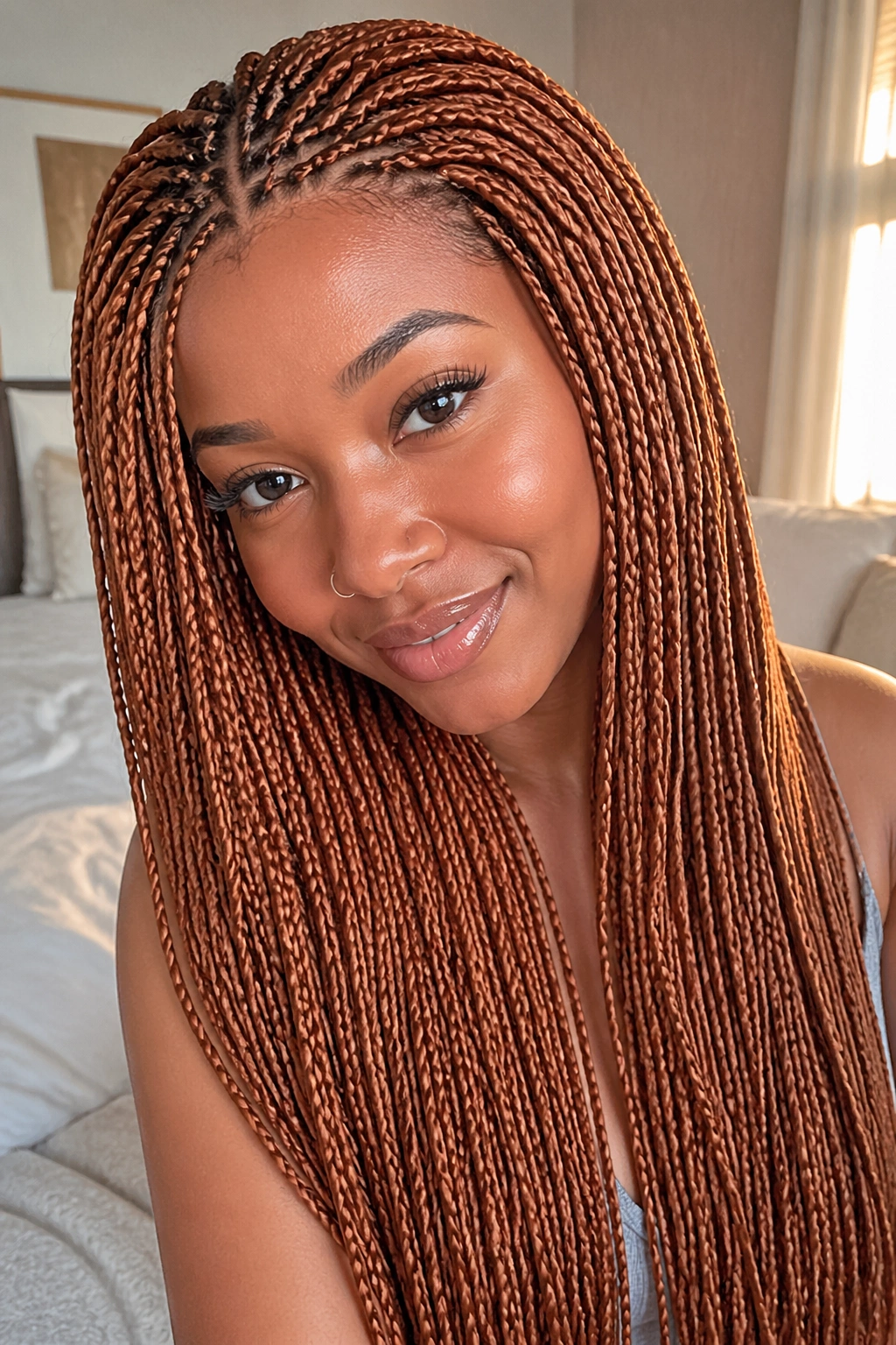 Close-up portrait of a real person with micro braids in copper ginger tones.