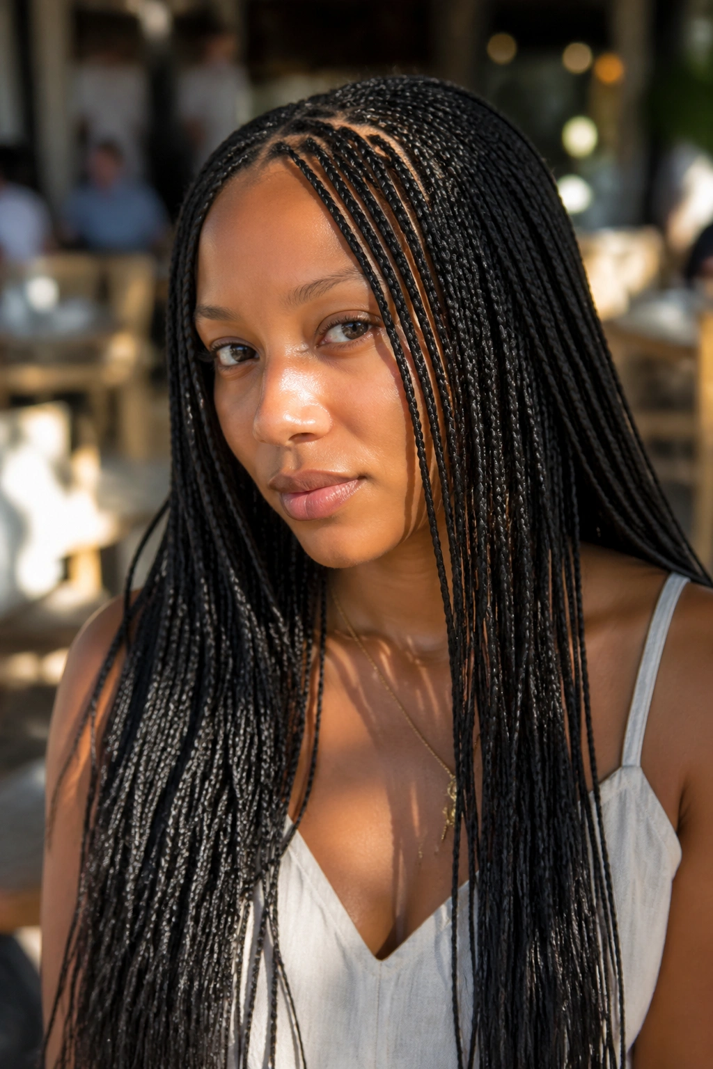 Real woman with micro braids outdoors