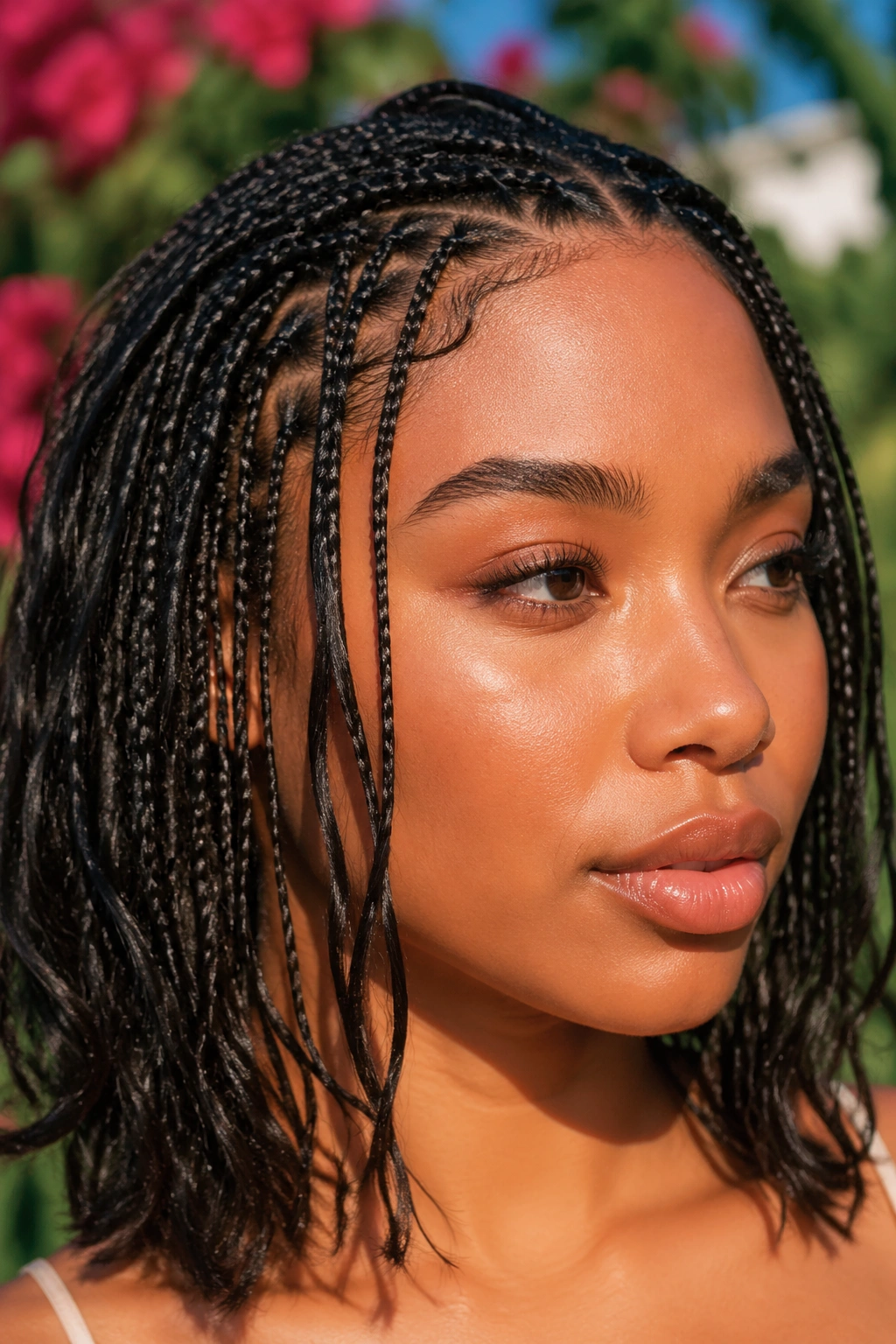 Close-up of a real woman with micro braids along the hairline