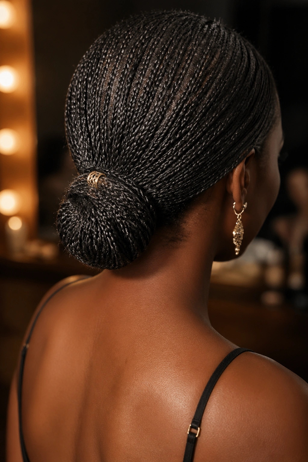 Close-up of micro braids formed into a low knot at the nape with a metallic cuff
