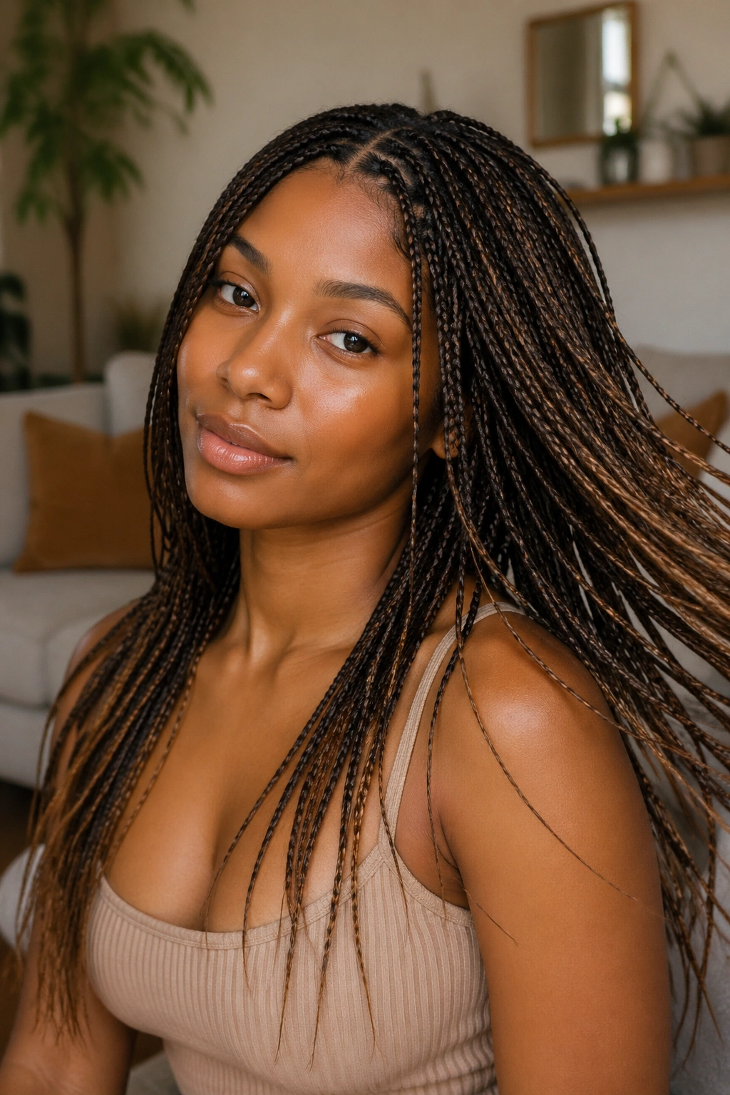 Real person with micro braids showing sleek, movable strands.