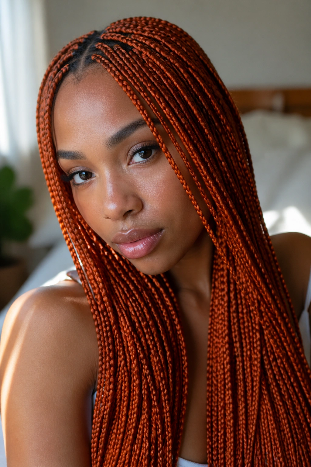 Close-up portrait of a real woman wearing micro orange box braids