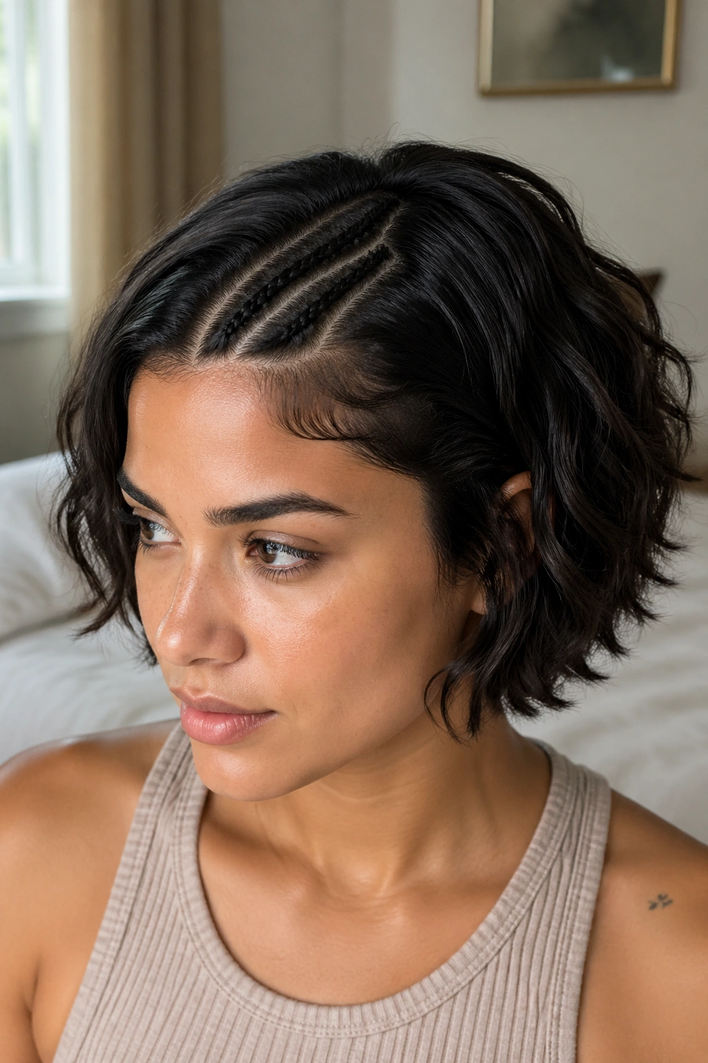 Close-up of micro accent braids along the part on a real person