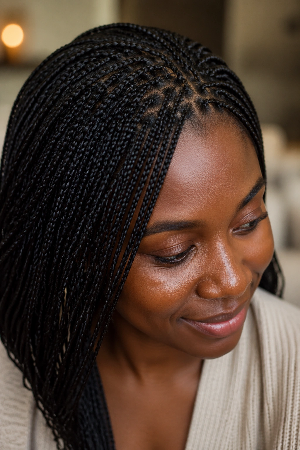 Close-up of micro braids on a real woman in a cozy indoor setting