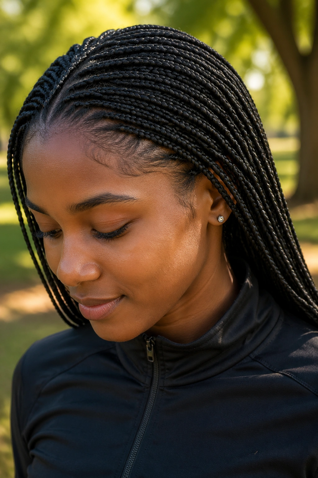 Portrait of a real person with dense micro braids in an outdoor setting