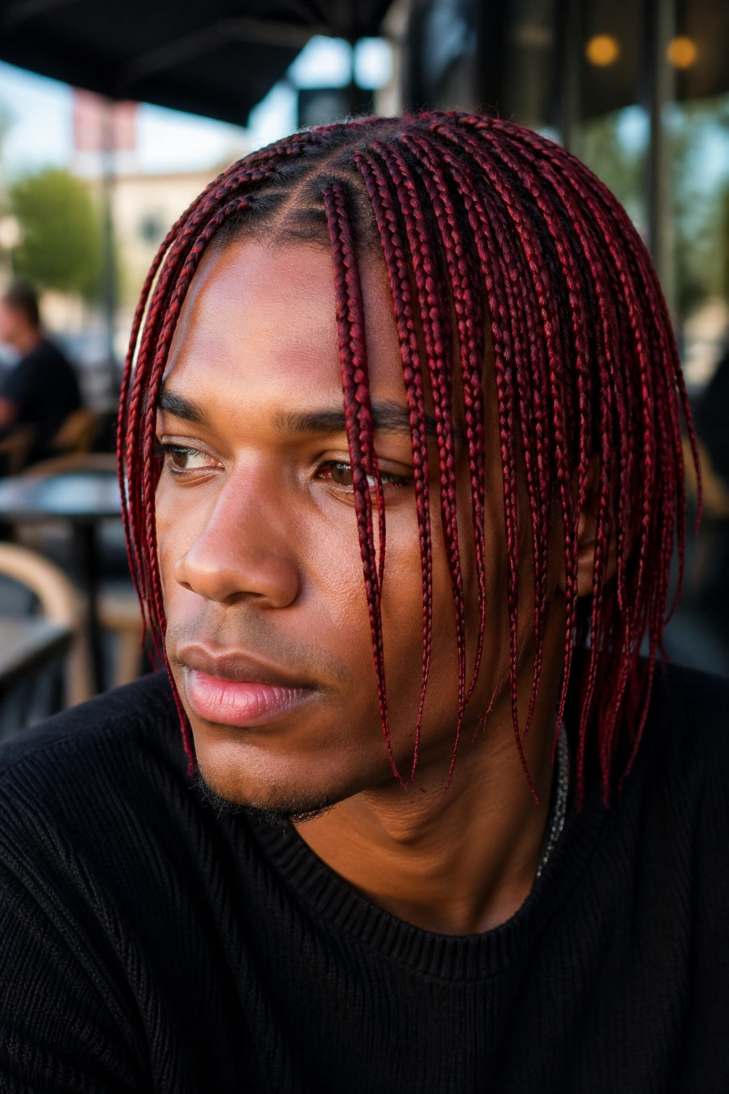 Close-up of a real man with thin micro red box braids in outdoor daylight