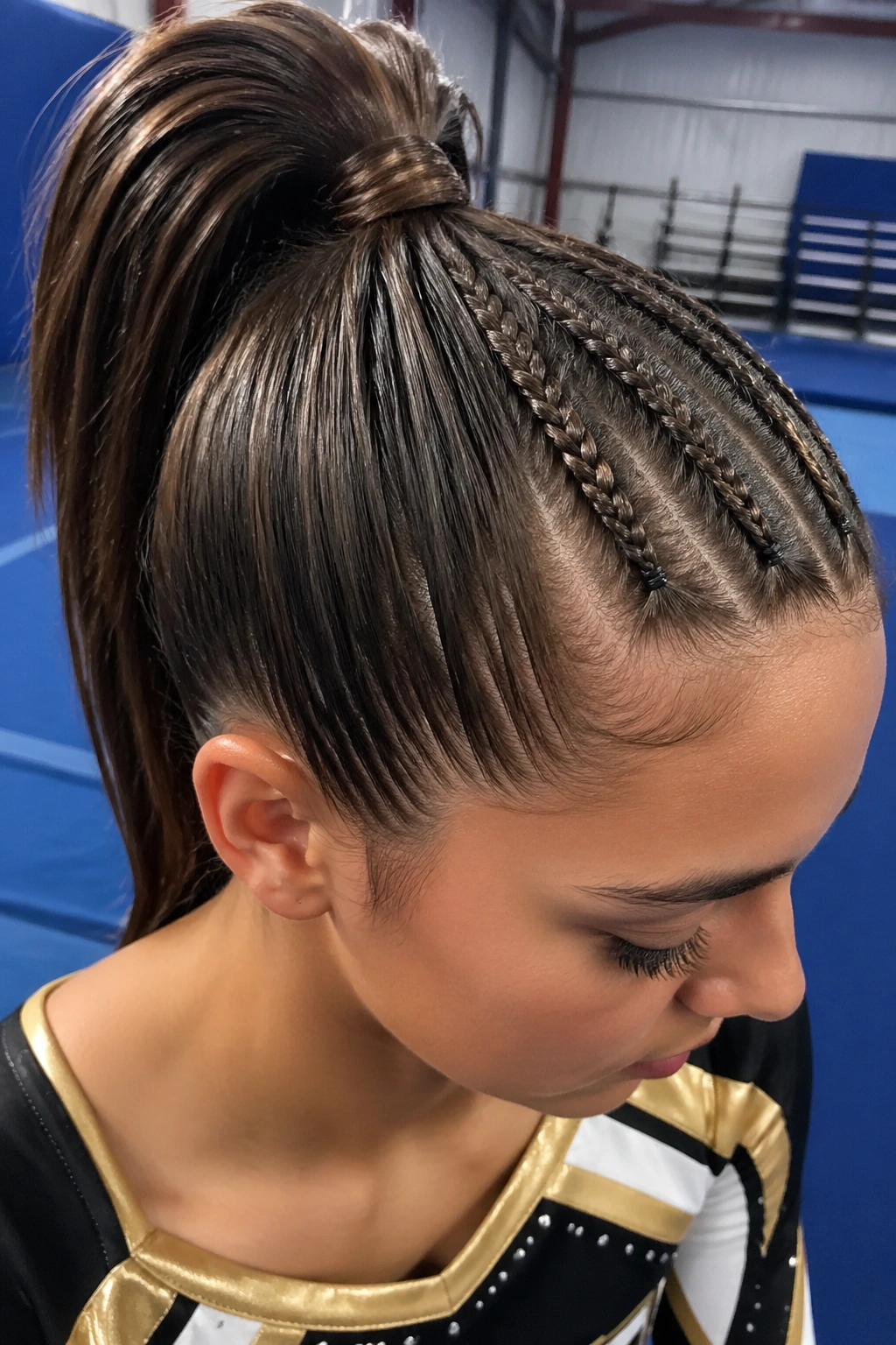 Close-up of micro-braids at the hairline forming a sleek game-day ponytail on a real cheerleader