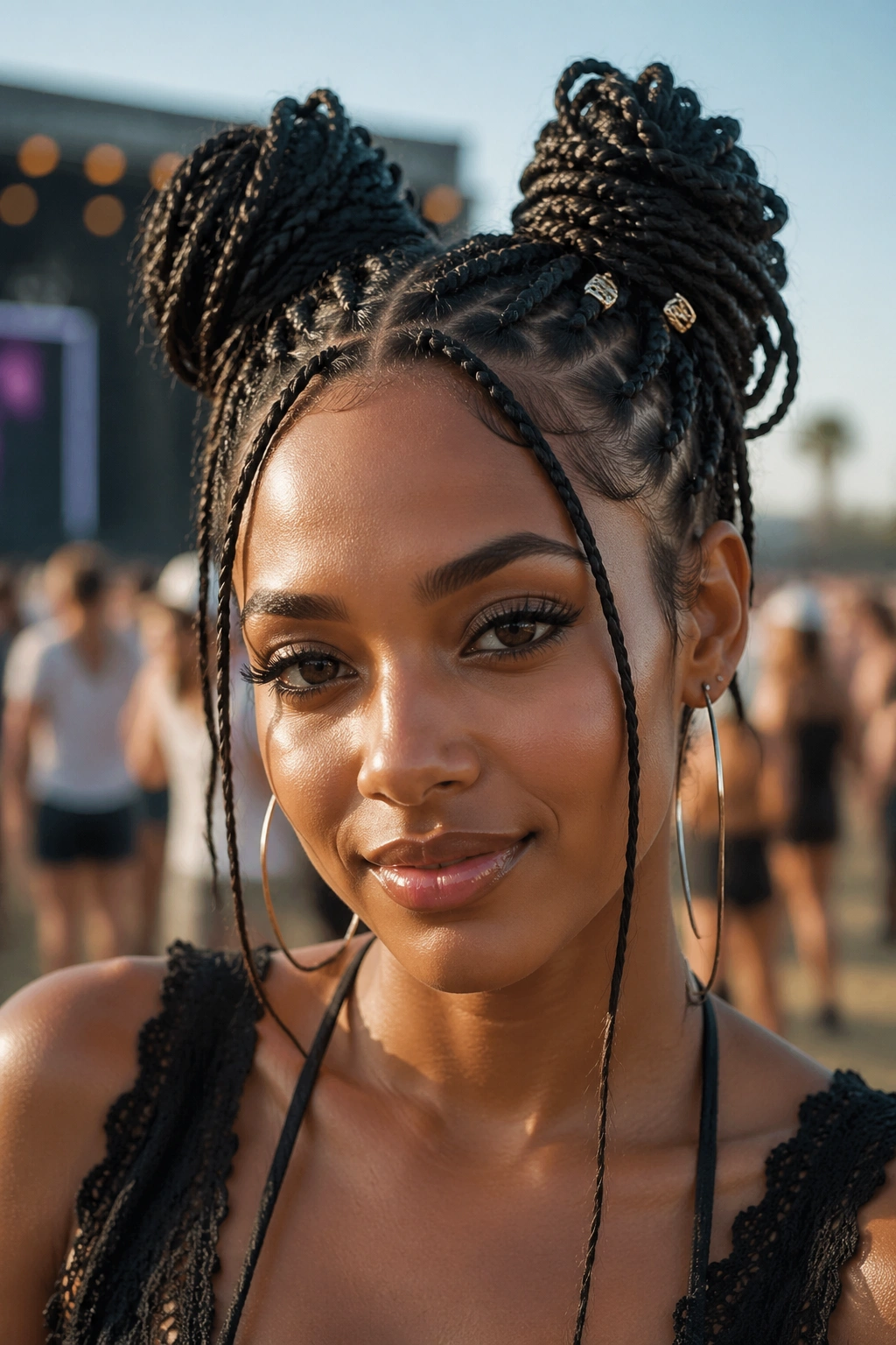 Real person with micro braids into space buns at festival