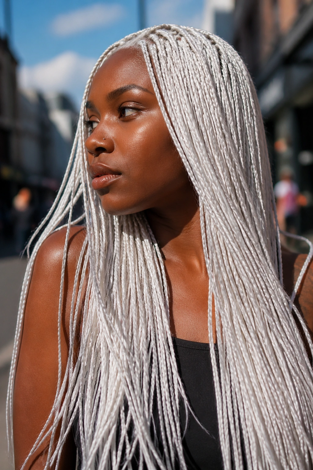 Close-up of a real person with tiny white box braids that resemble thread.