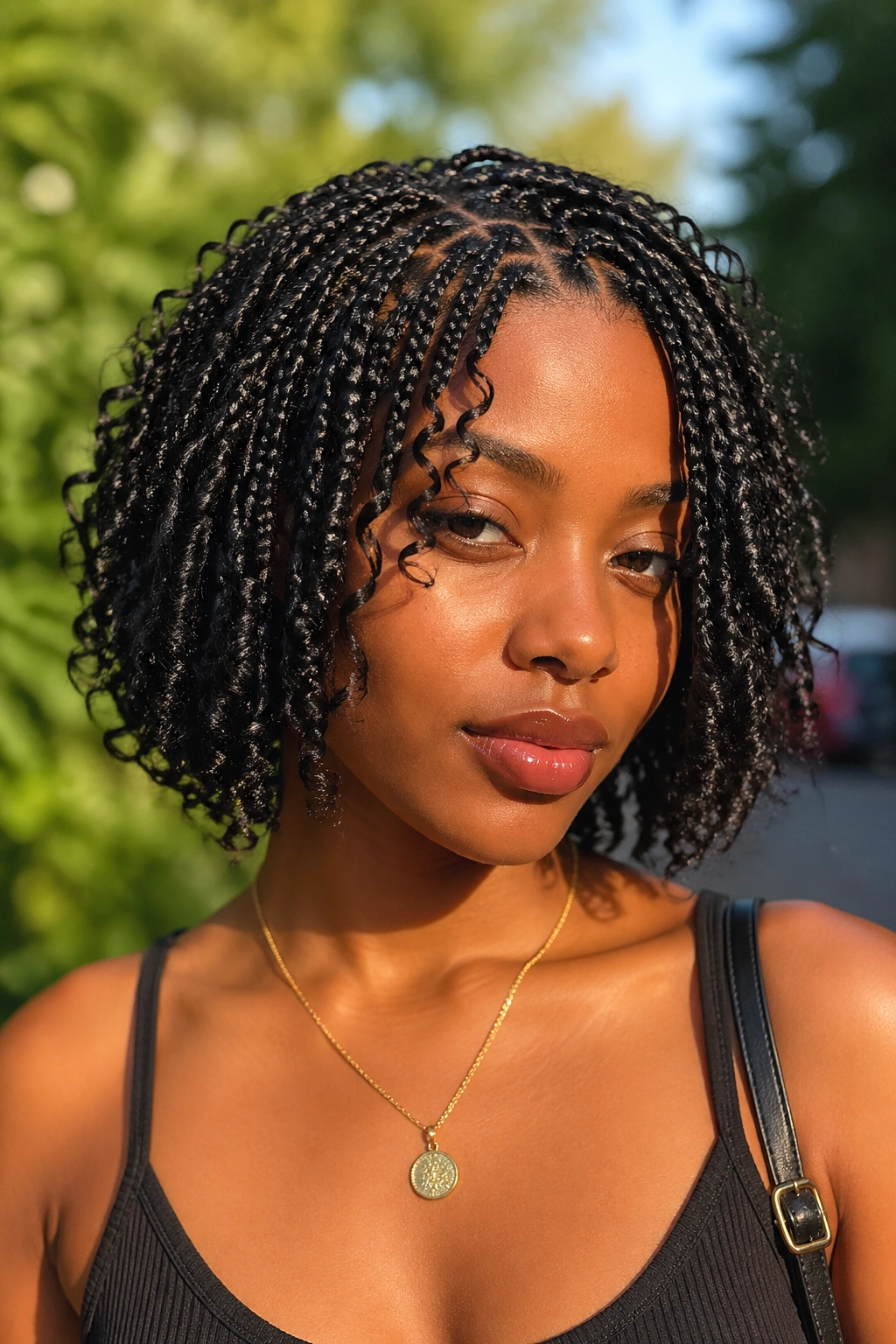 Close-up portrait of a woman with micro-chunked short boho box braids