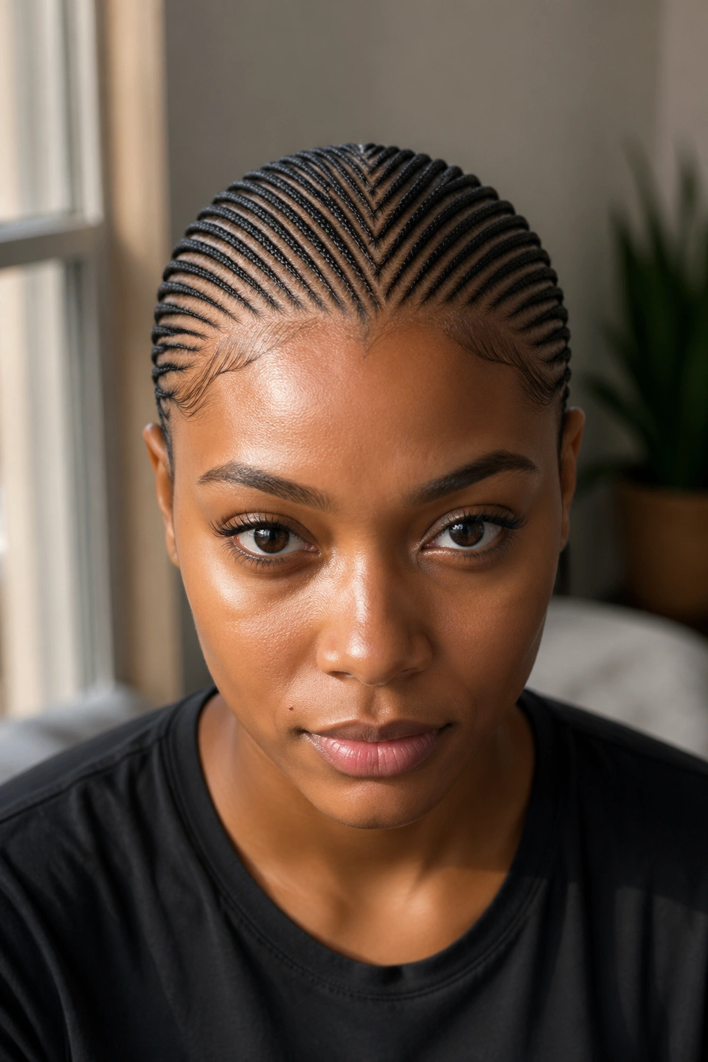 Close-up of a real person's head with micro cornrows hugging the scalp.